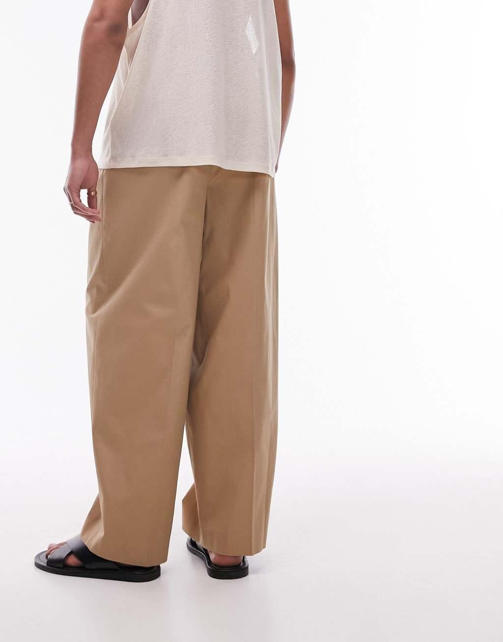 Topman compact cotton wide leg pants in stone Product Image