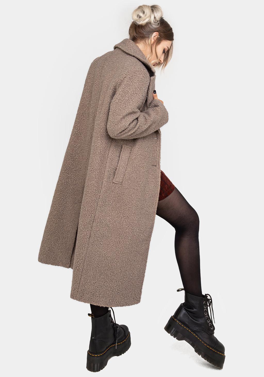 Gorgon Bouclé Longline Oversized Coat with Bee Brooch - Taupe Product Image