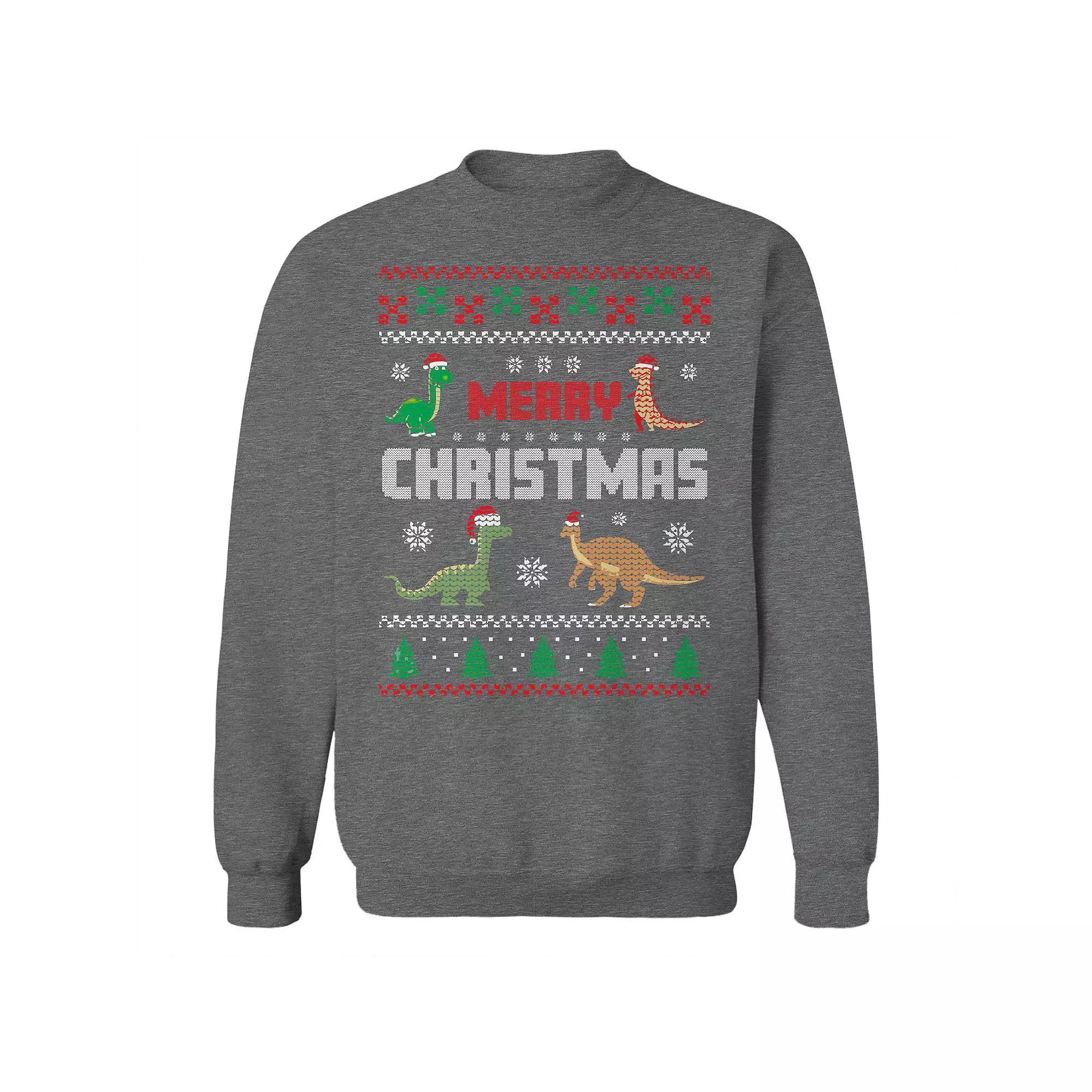 Men's Dinosaur Merry Christmas Sweater Graphic Sweatshirt, Size: Medium, Grey Heather Product Image