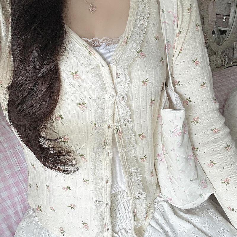 Long Sleeve Floral Print Lace-Trim Slim-Fit Light Cardigan Product Image