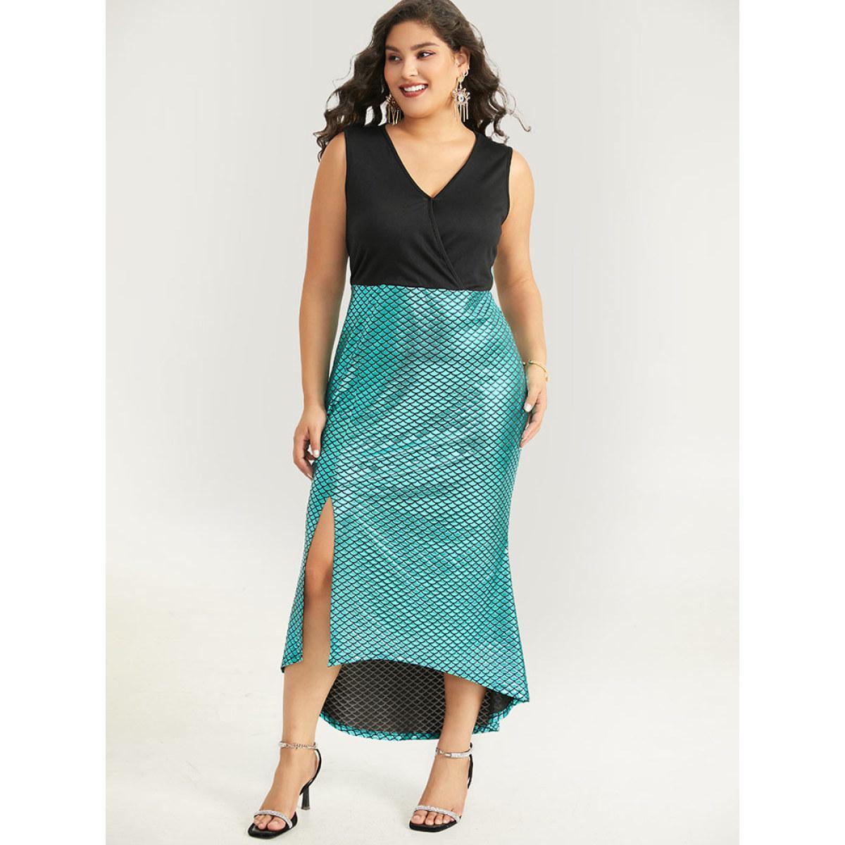 Plus Size Halloween Sequin Patchwork Split Hem Sleeveless Dress Black Women Party Patchwork V-neck Sleeveless Curvy Midi Dress BloomChic 18-20/2X Product Image