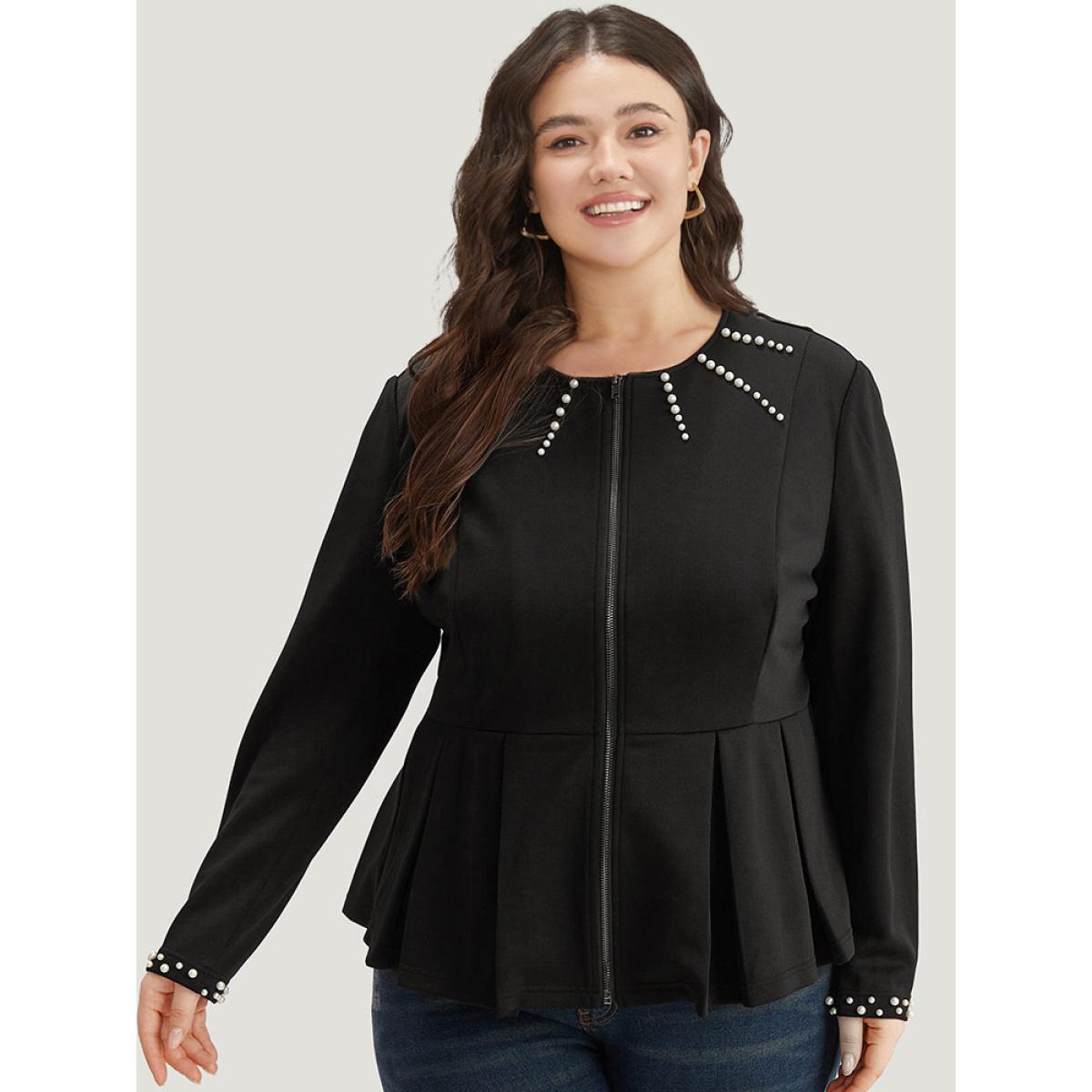 Plus Size Pearl Beaded Zipper Plicated Detail Coat Women Black Work From Home Plain Ladies Work Winter Coats BloomChic 28/5X Product Image