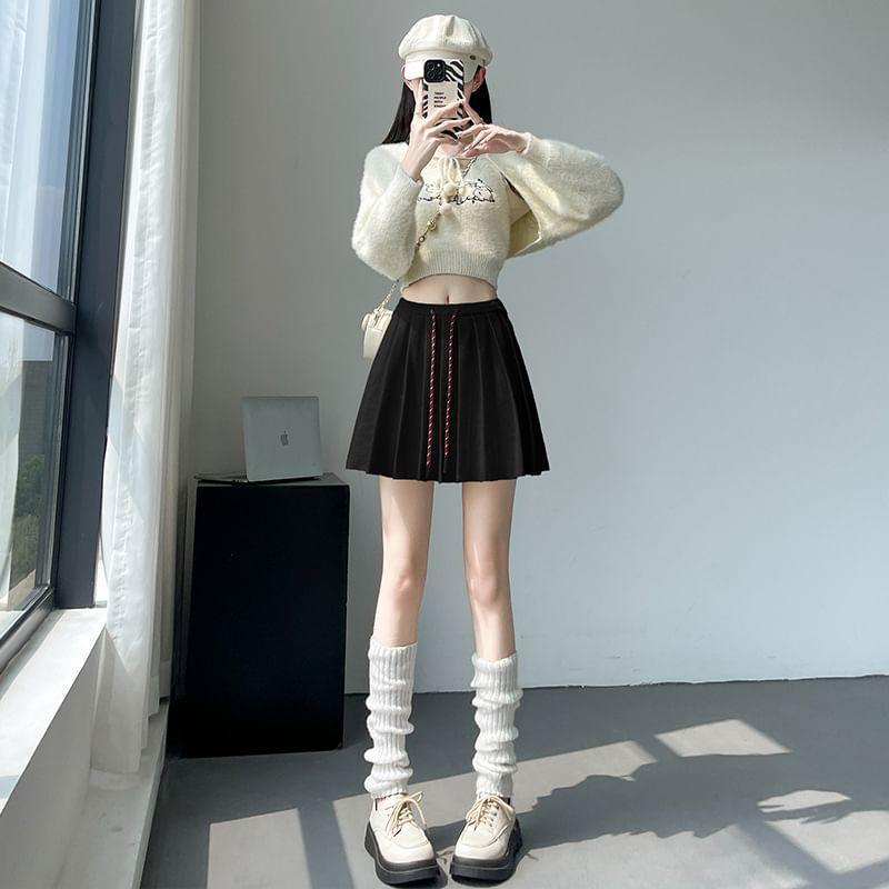 Drawstring Waist Pleated Mini A-Line Knit Skirt Product Image