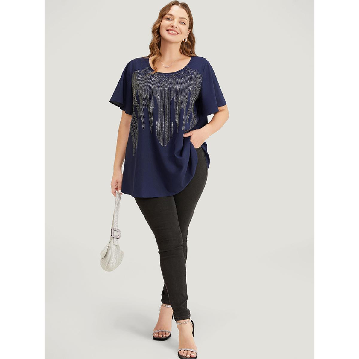 Plus Size Aegean Plain Rhinestones Detail Ruffles Sleeve Blouse Women Party Short sleeve Round Neck Dailywear Blouses BloomChic 18-20/2X Product Image