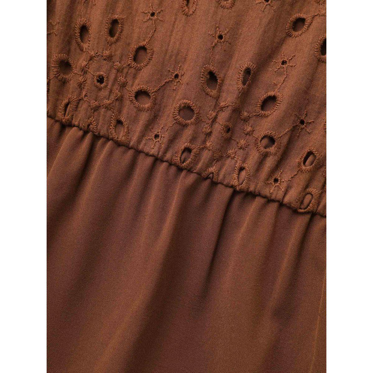 Plus Size Broderie Anglaise Patchwork Tie Knot Dress Browncoffeecolor Women Elegant Patchwork Round Neck Long Sleeve Curvy BloomChic 12/L Product Image