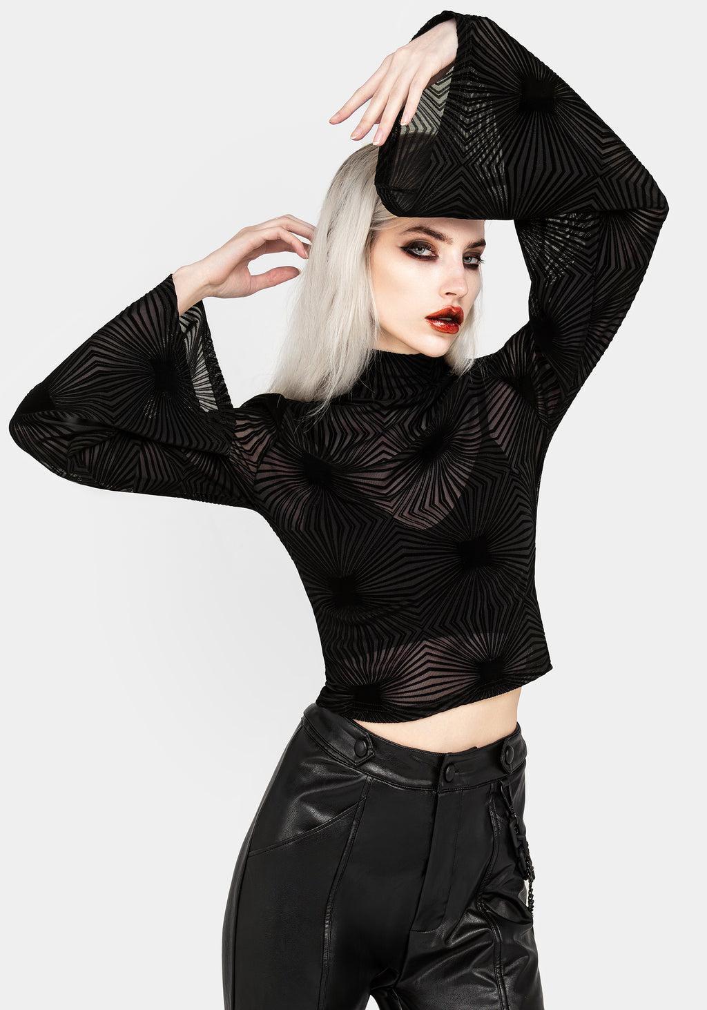 Strobe Flocked Mesh Flare Sleeve Top Product Image