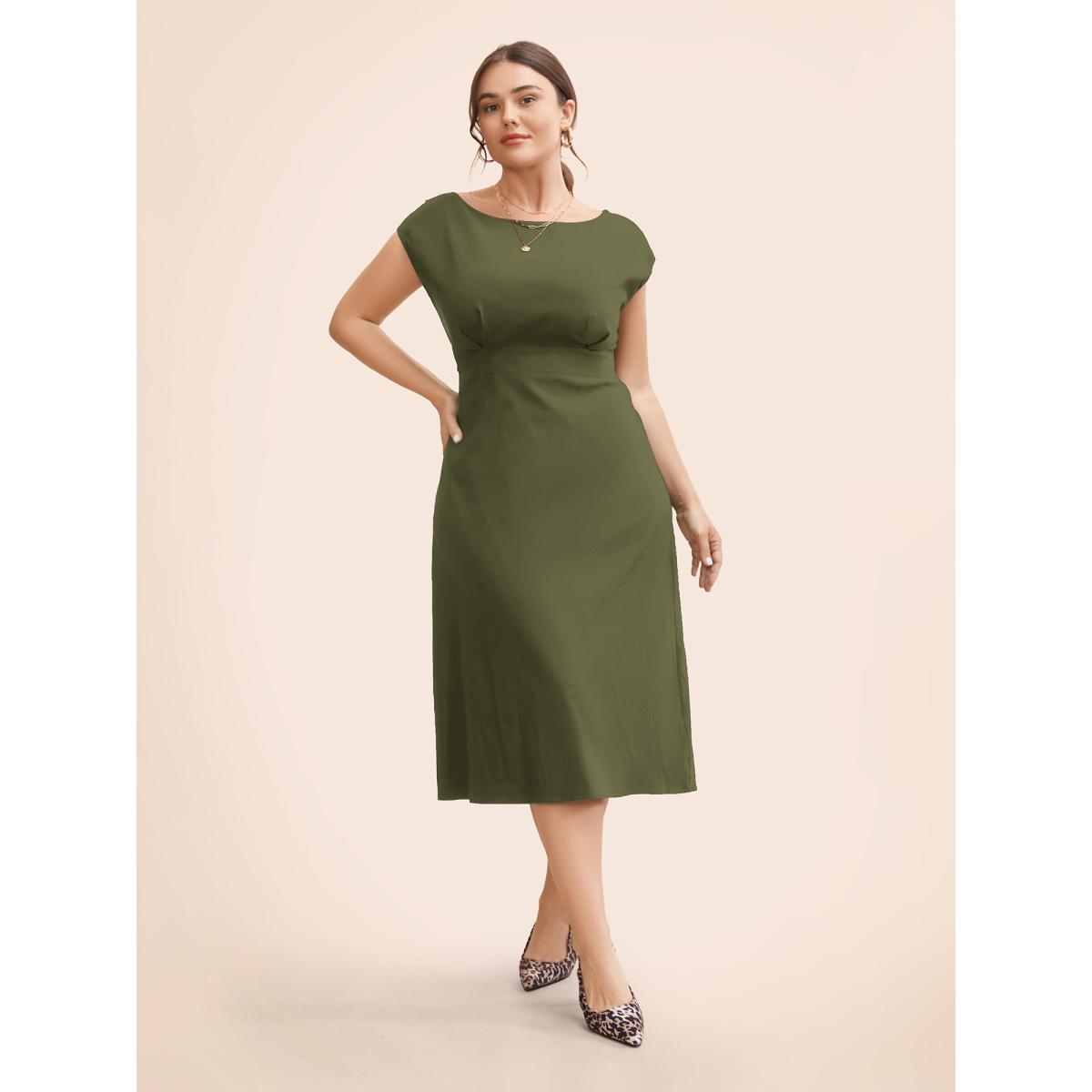 Plus Size Stretch Woven Cowl Neckline Midi Dress ArmyGreen Women Workwear Essentials Pleated Boat Neck Cap Sleeve Curvy BloomChic 22-24/3X Product Image