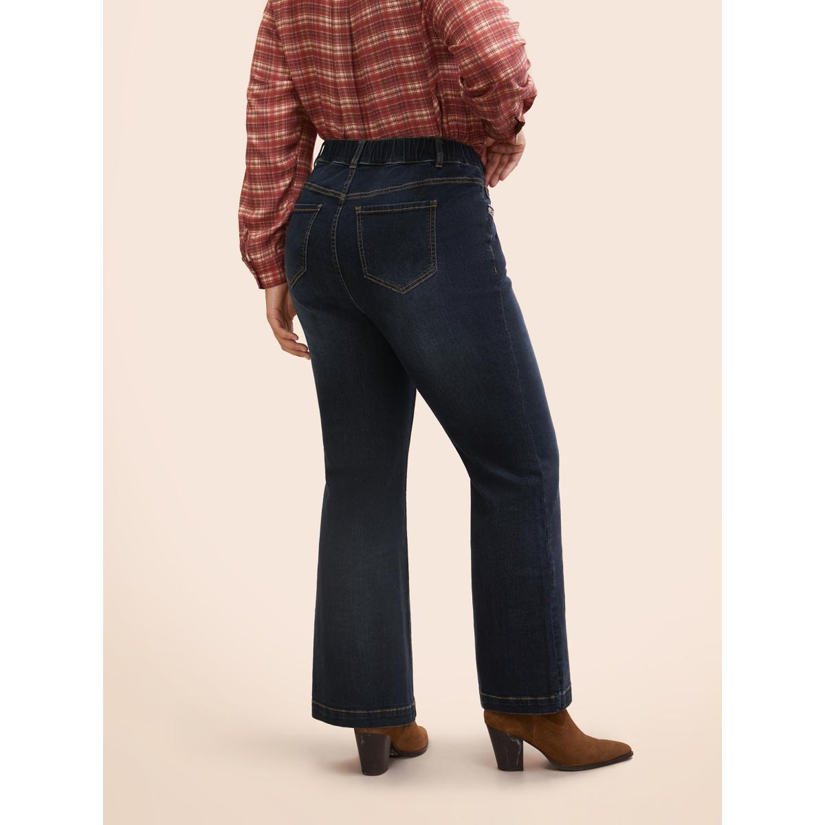 Plus Size Stretch Denim Front Embroided Pockets Flare Jeans Women Darkindigo Casual Embroidered Medium stretch Slanted pocket Jeans BloomChic 16/1X Product Image
