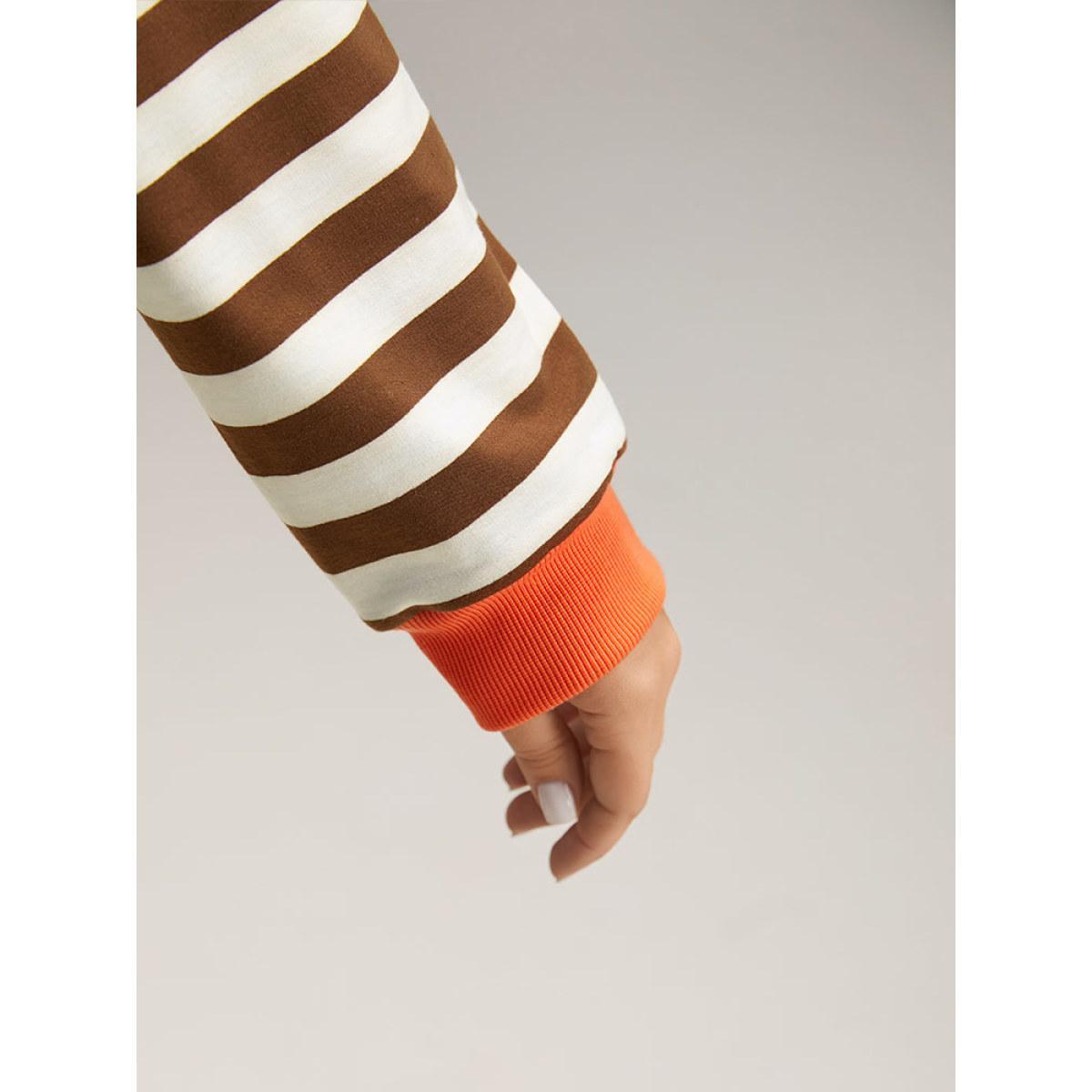 Plus Size Striped Contrast Elastic Cuffs Crew Neck Sweatshirt Women Maroon Casual Elastic cuffs Round Neck Dailywear Sweatshirts BloomChic 14-16/1X Product Image