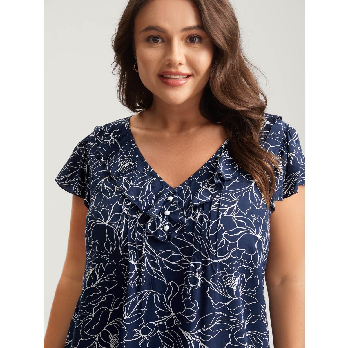 Plus Size DarkBlue Floral Abstract Print Ruffled Blouse Women Short sleeve V-neck Everyday-Elegant Blouses BloomChic 26/4X Product Image