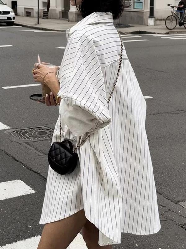 Long Sleeves Loose Buttoned Striped Lapel Blouses&Shirts Tops Product Image