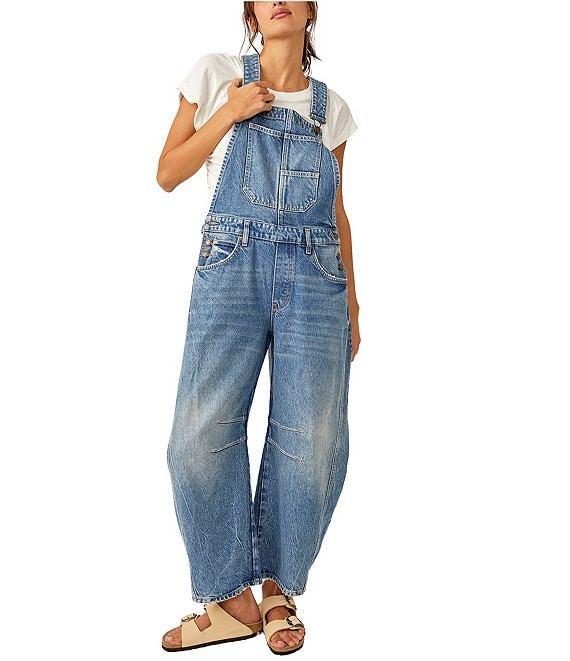 Free People We The Free Good Luck Denim Square Neck Barrel Leg Overalls Product Image