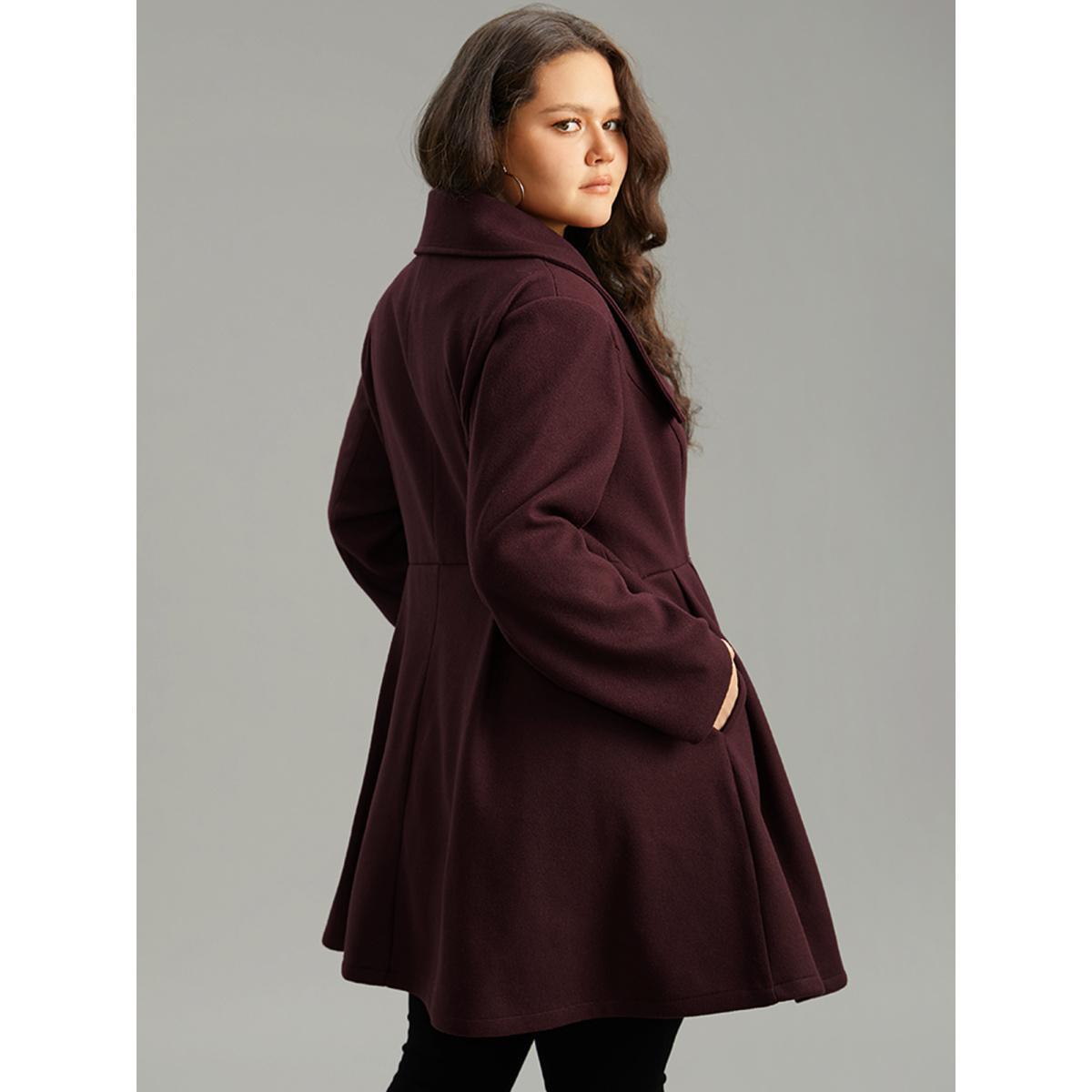 Plus Size Plain Button Up Pocket Asymmetrical Lapel Collar Coat Women Burgundy Elegant Plain Ladies Everyday Winter Coats BloomChic 18-20/2X Product Image