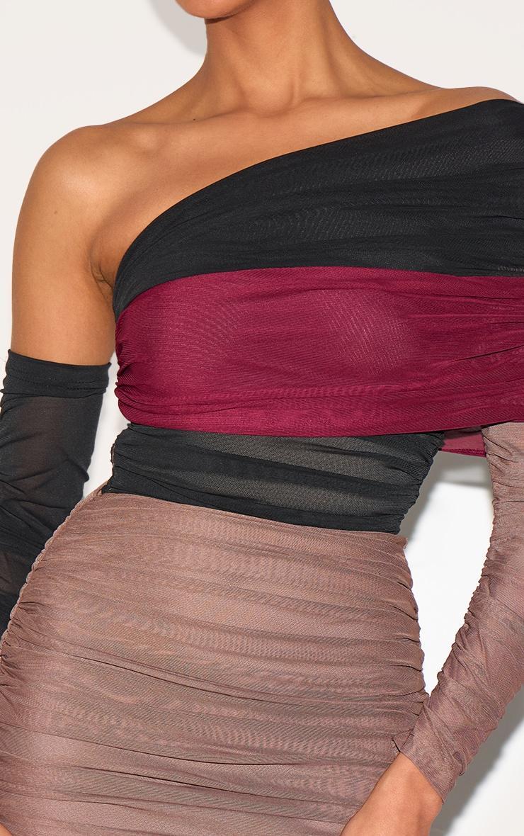 PLT Label Burgundy Bandage Mesh Panel Ruched Asymmetrical Bodycon Dress Product Image