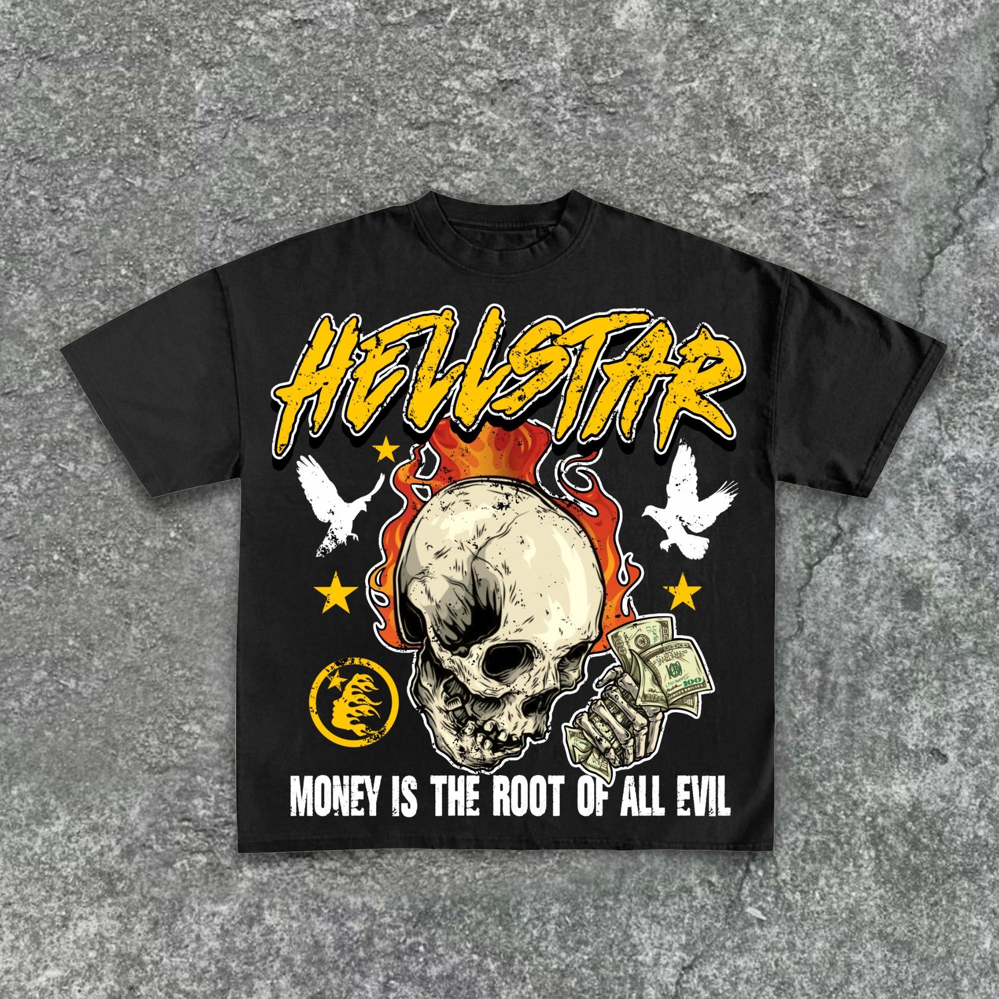 Hellstar-Retro Money Sin Skull Pattern Print Cotton T-Shirt Product Image