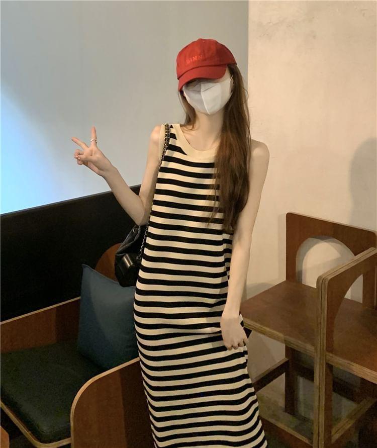 Striped Sleeveless Round Neck Bodycon Long Dress Product Image
