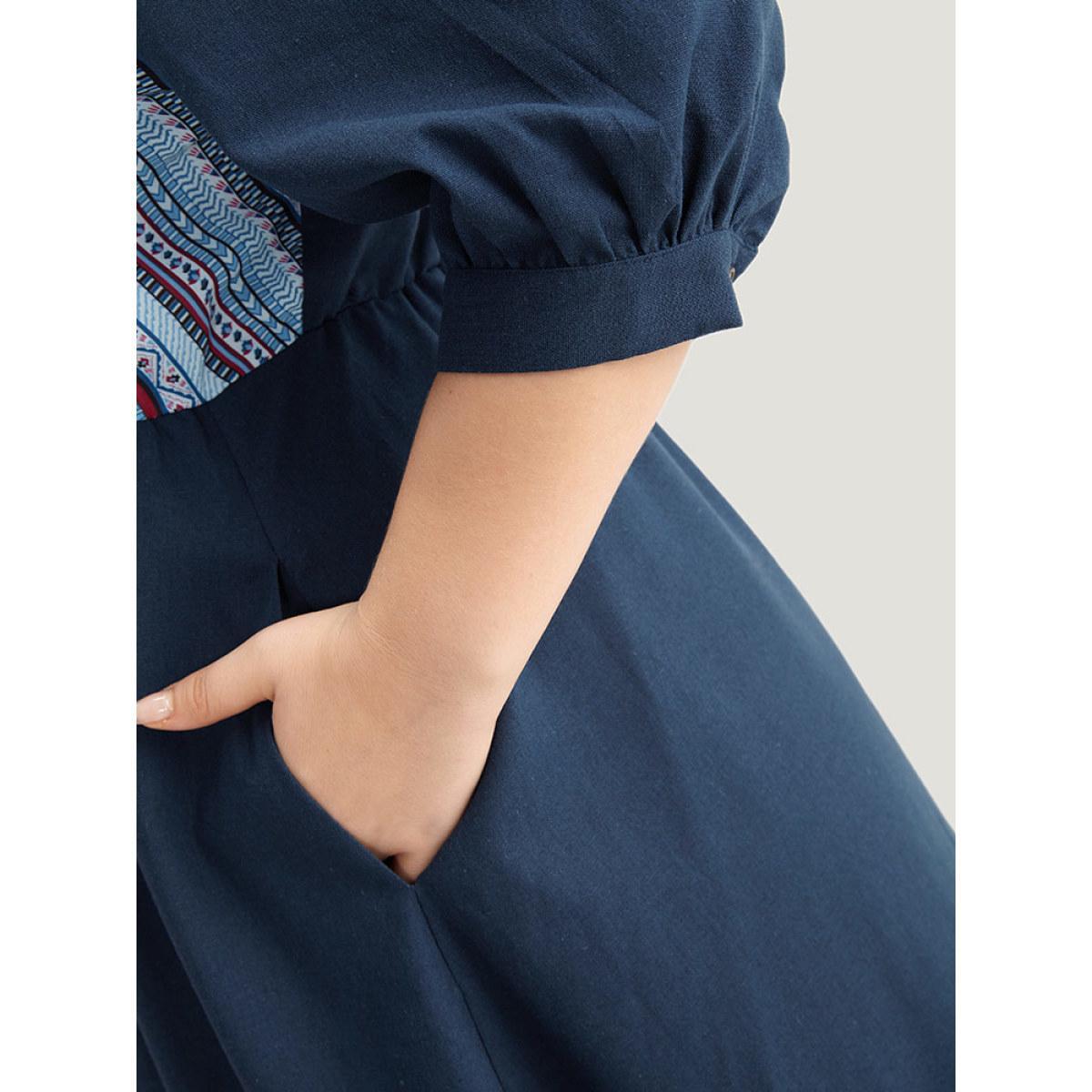 Plus Size Boho Print Striped Patchwork Lantern Sleeve Dress Indigo Women Vacation Printed V-neck Elbow-length sleeve Curvy Midi Dress BloomChic 18-20/2X Product Image
