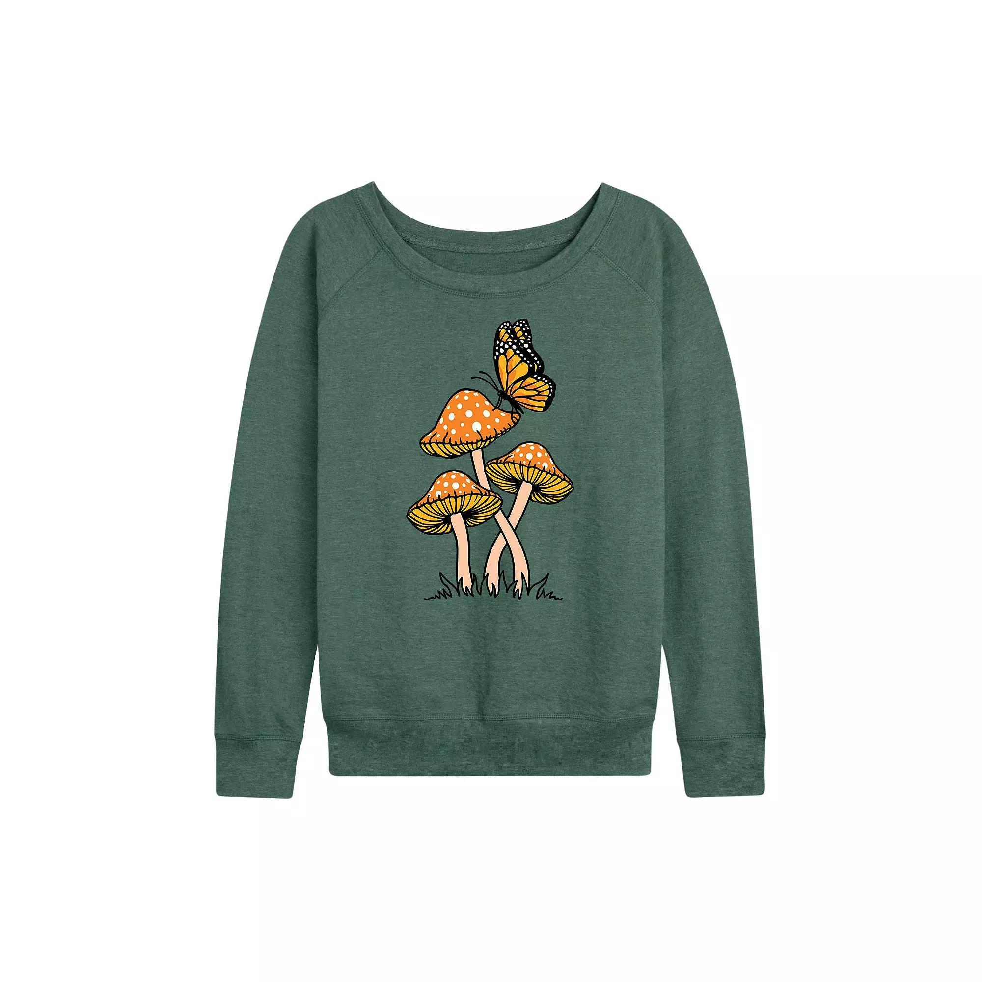 Womens Mushrooms With Butterfly French Terry Long Sleeve Tee, Girls Grey Green Product Image