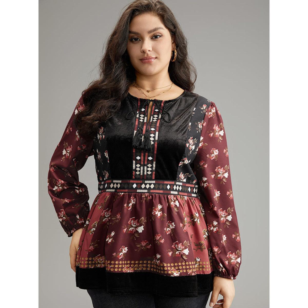 Plus Size Scarlet Velvet Floral Contrast Knot Neck Tassel Blouse Women Vacation Long Sleeve Tie Neck Dailywear Blouses BloomChic 22-24/3X Product Image