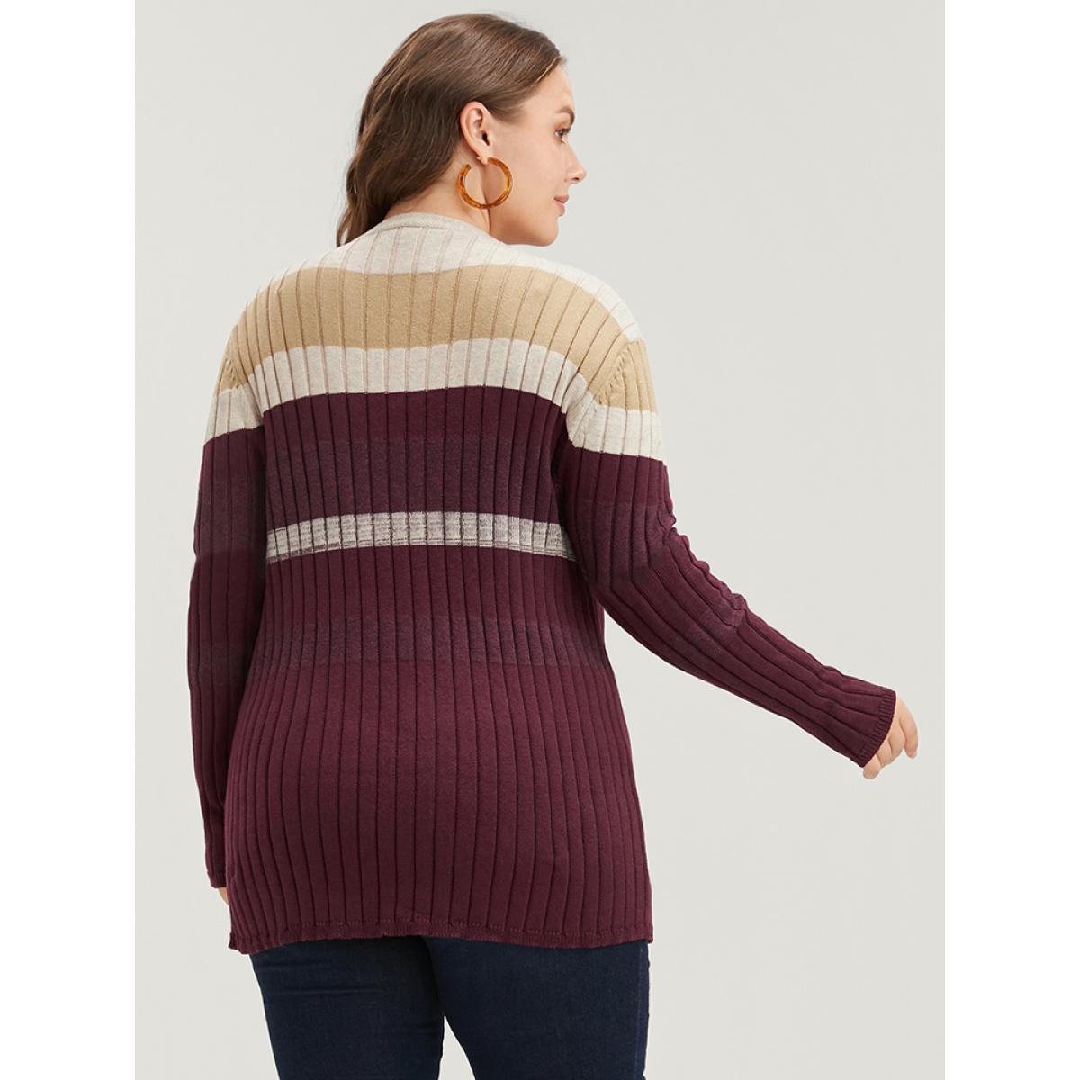 Plus Size Colorblock Contrast Super Soft Rib Knit Pocket Open Front Cardigan Burgundy Women Casual Long Sleeve Dailywear Cardigans BloomChic 10/M Product Image
