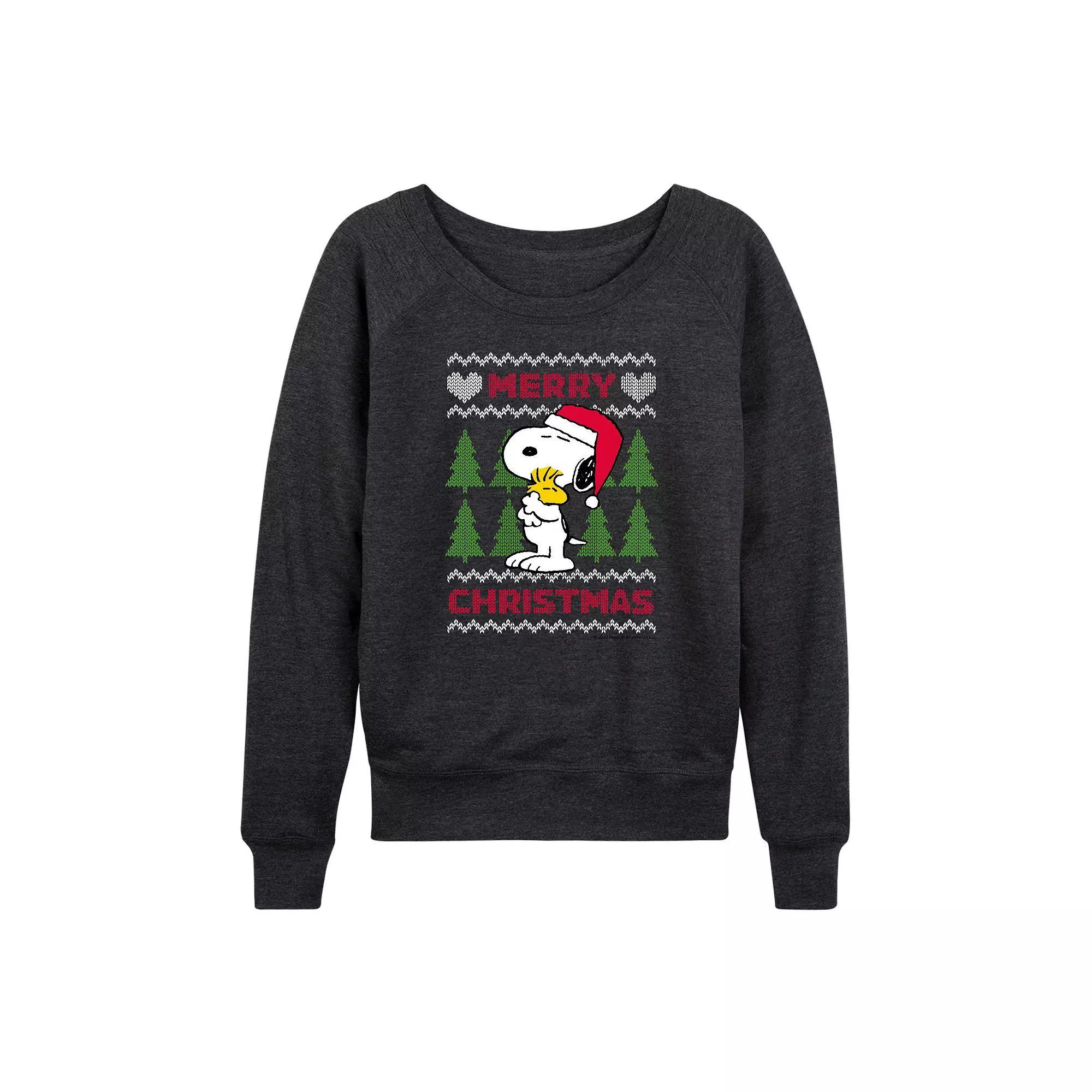 Women's Peanuts Snoopy Sweater French Terry Long Sleeve Tee, Size: Small, Heather Grey Product Image