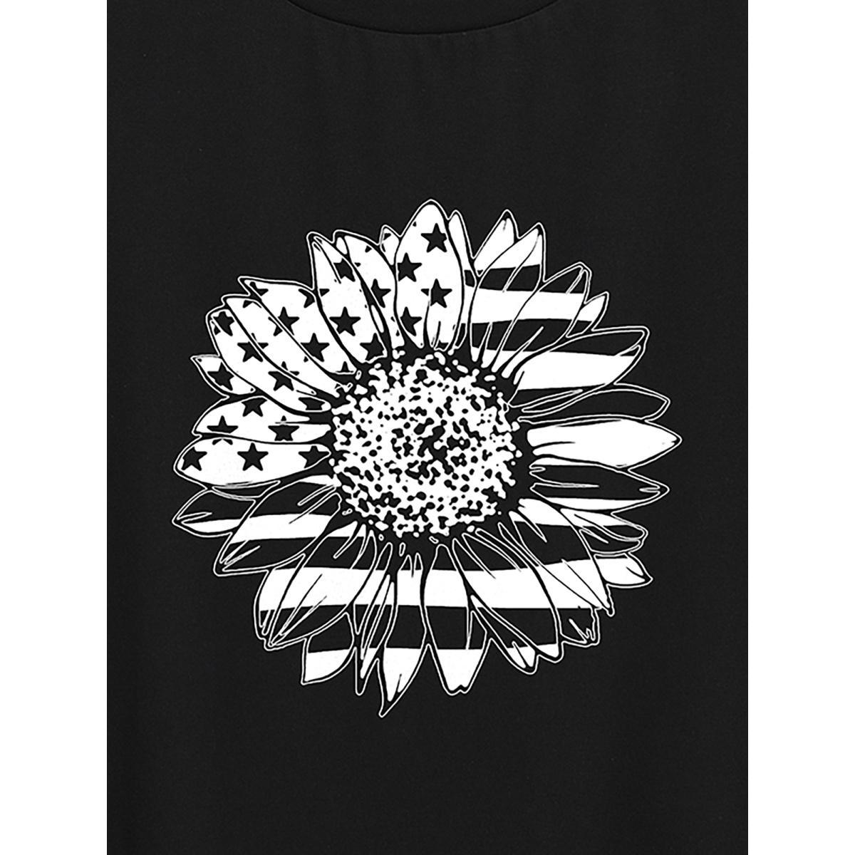 Plus Size American Flag Floral Print Round Neck T-Shirt Black Women Non Country Round Neck Everyday-Casual T-shirts BloomChic 30/6X Product Image