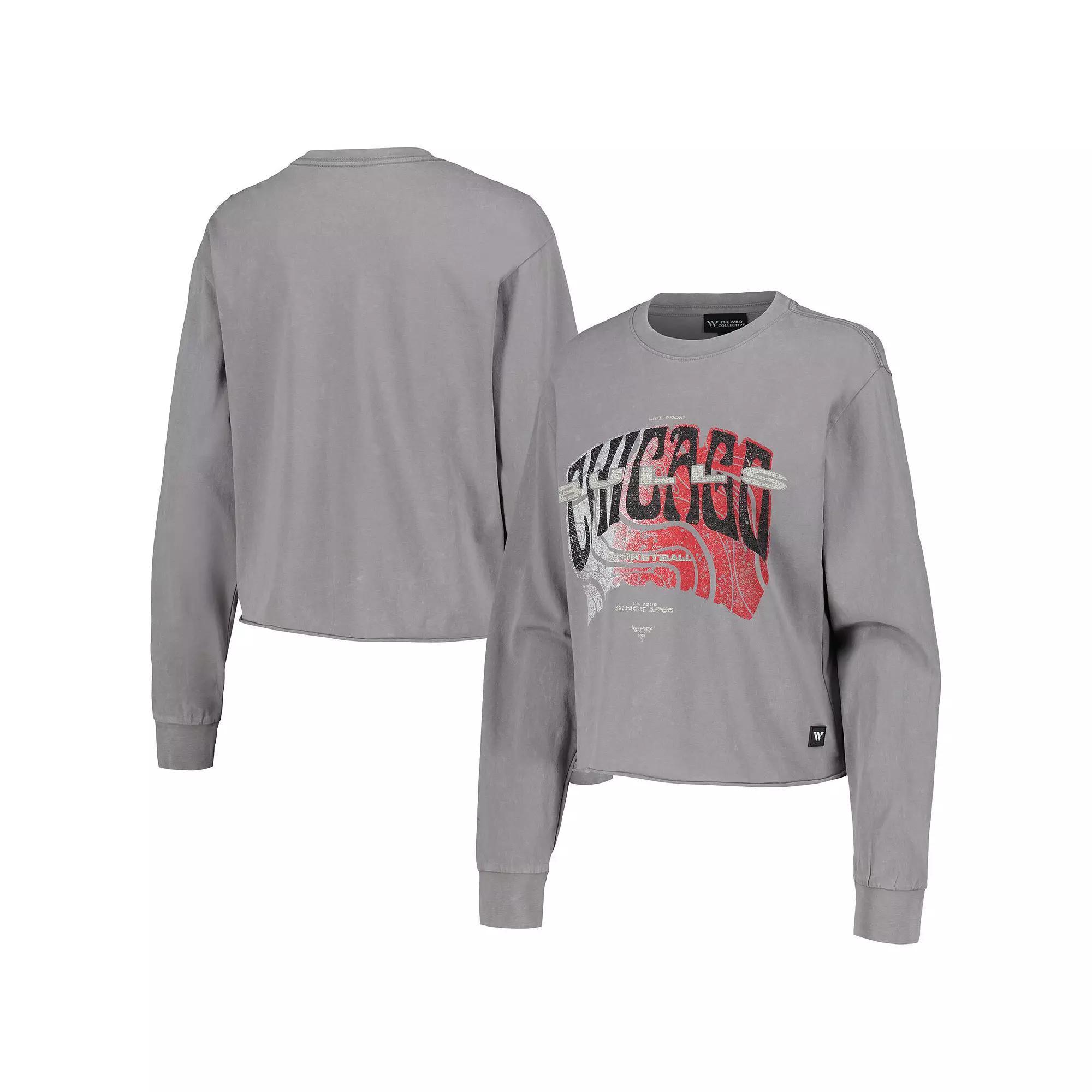 Women's The Wild Collective  Gray Chicago Bulls Band Cropped Long Sleeve T-Shirt, Size: Large, Grey Product Image