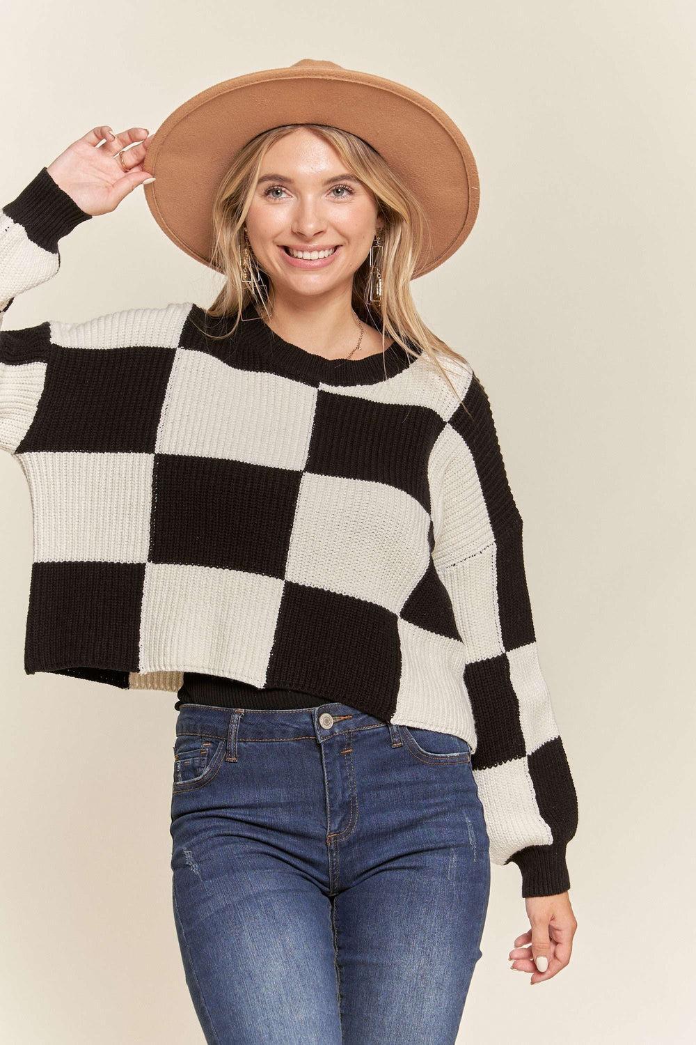 Comfy Cropped Black & White Checkered Knit Sweater Top* Product Image