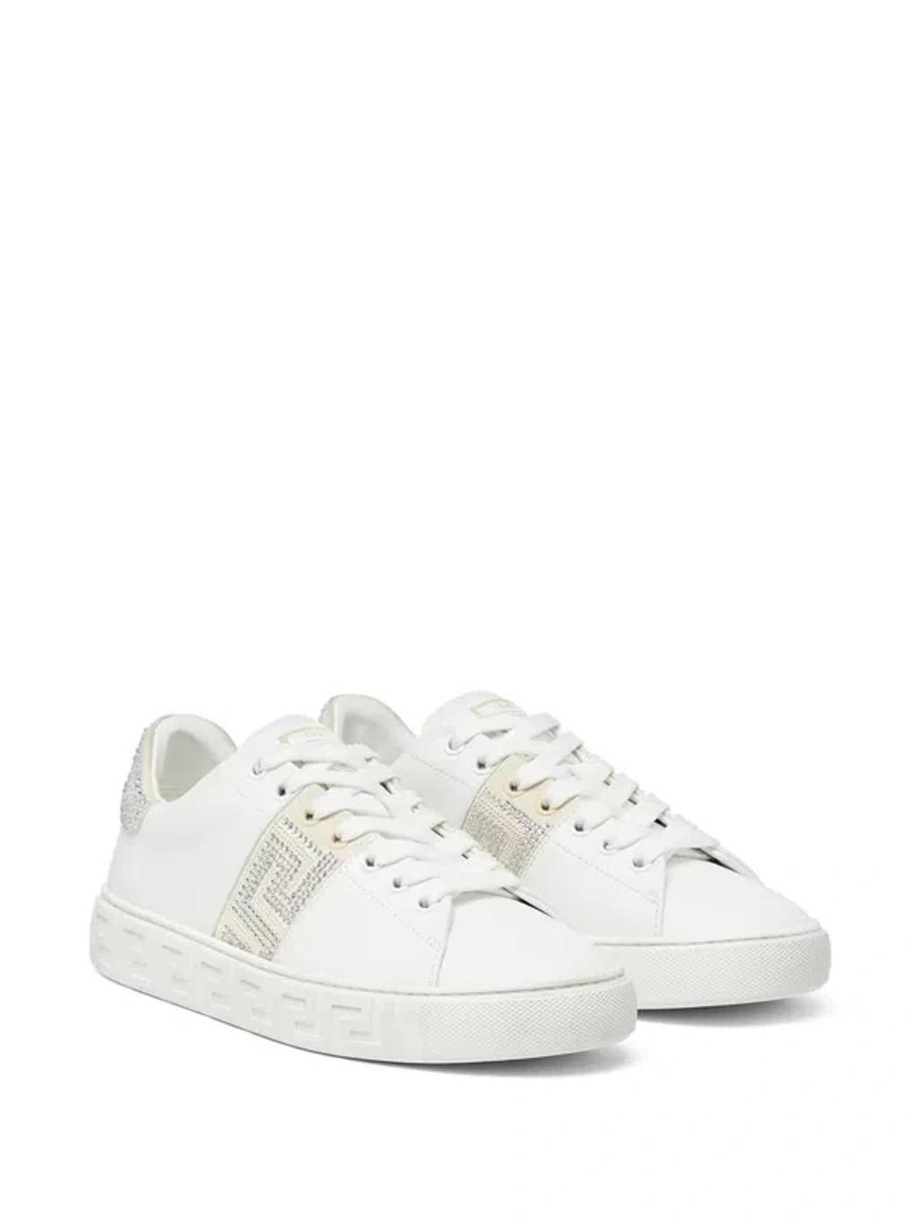 VERSACE Crystal Greca Leather Sneakers In White Product Image