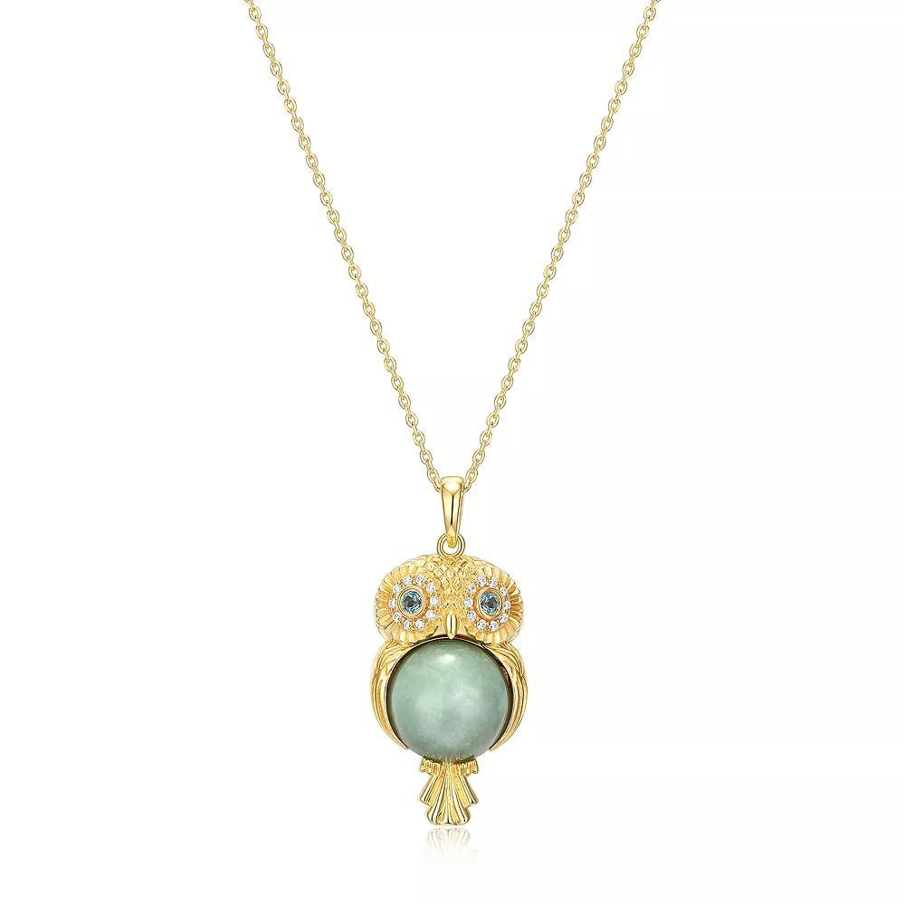 Dynasty Jade 18k Gold over Sterling Silver Genuine Jade, Blue Topaz, & Cubic Zirconia Owl Pendant Necklace, Women's, Size: 18", Gold Tone Product Image