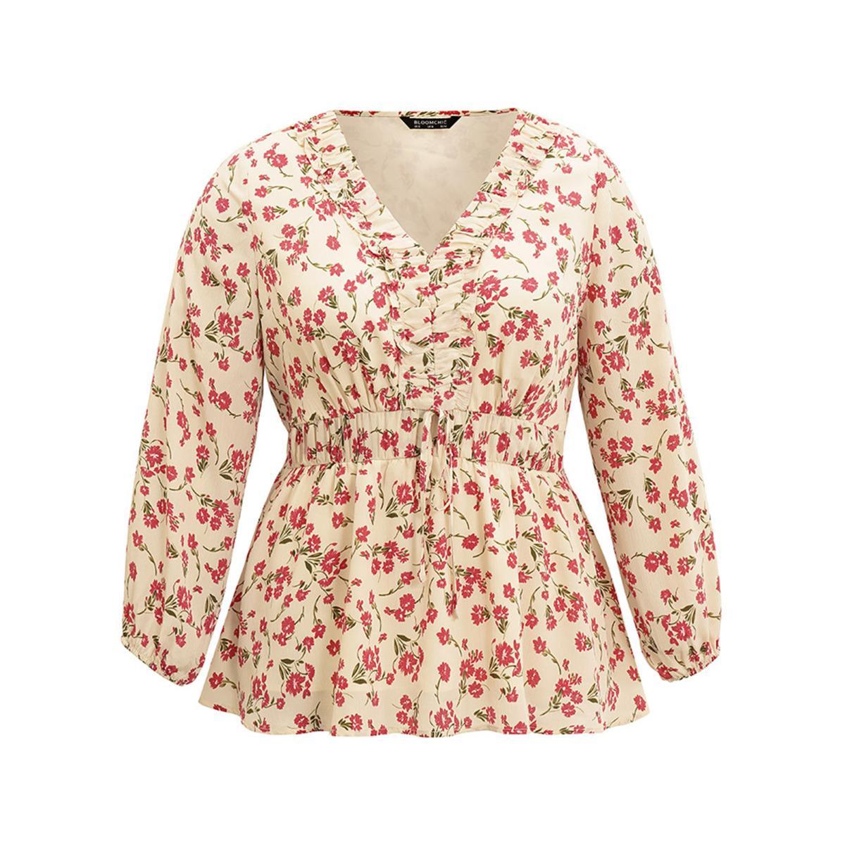 Plus Size Beige Ditsy Floral Elastic Waist Ties Ruffles Blouse Women Elegant Long Sleeve V-neck Work Blouses BloomChic 12/L Product Image
