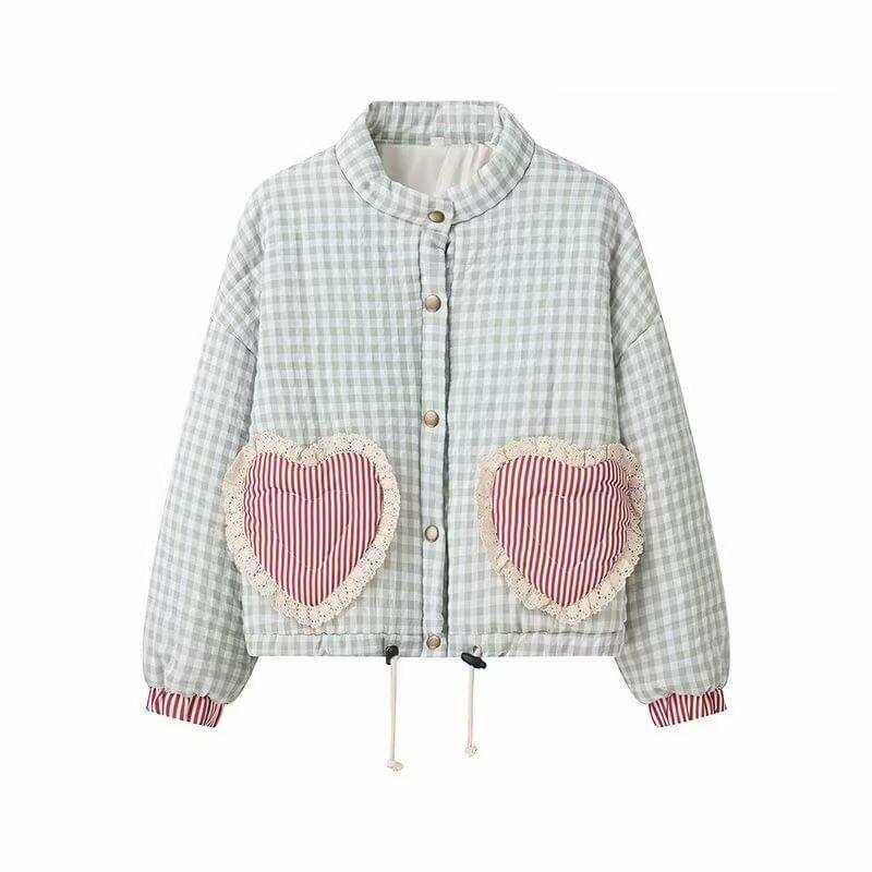 Stand Collar Plaid Heart Pocket Detail Padded Button Jacket Product Image