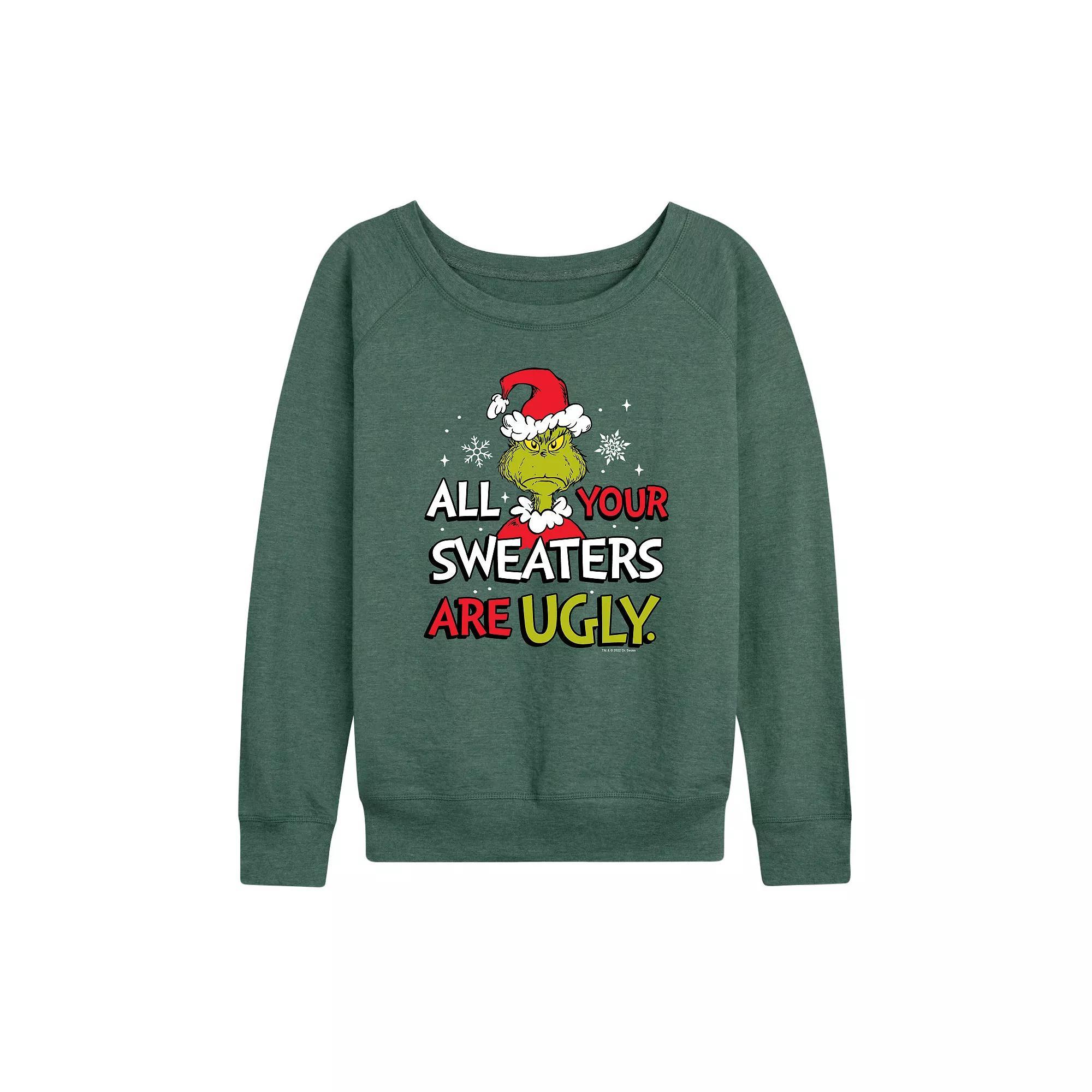 Women's Dr. Seuss Grinch Sweaters Are Ugly French Terry Long Sleeve Tee, Size: XXL, Grey Green Product Image
