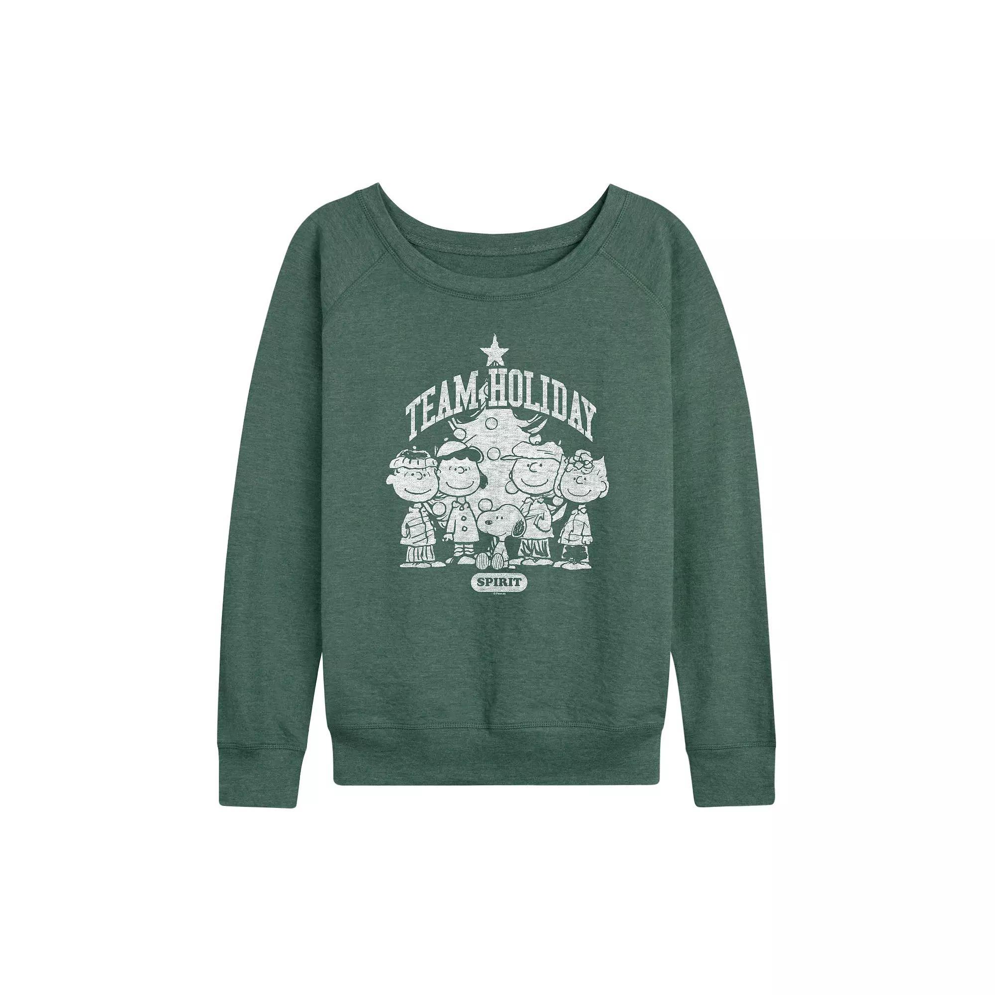 Womens Peanuts Team Holiday Spirit French Terry Long Sleeve Tee Grey Green Product Image