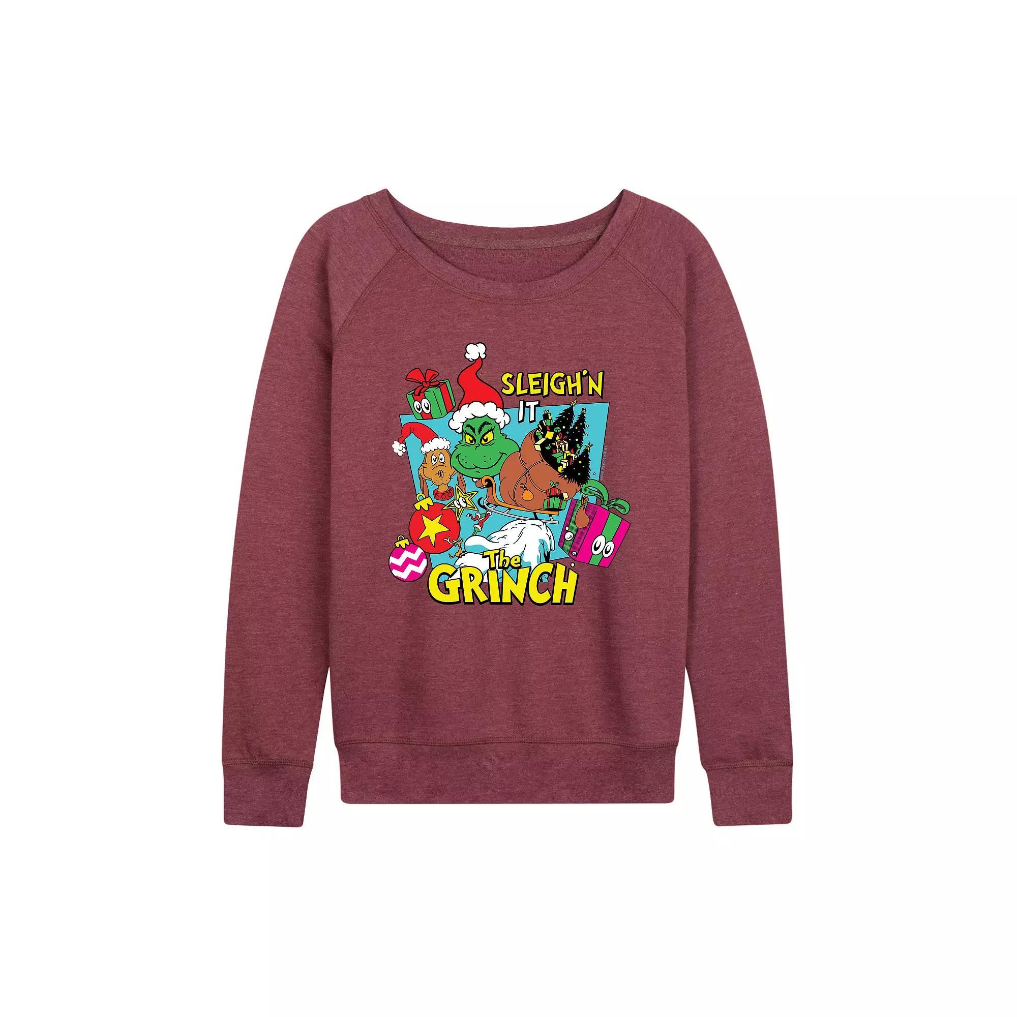 Womens Dr. Seuss The Grinch Sleighn It French Terry Long Sleeve Tee Grey Dark Red Product Image