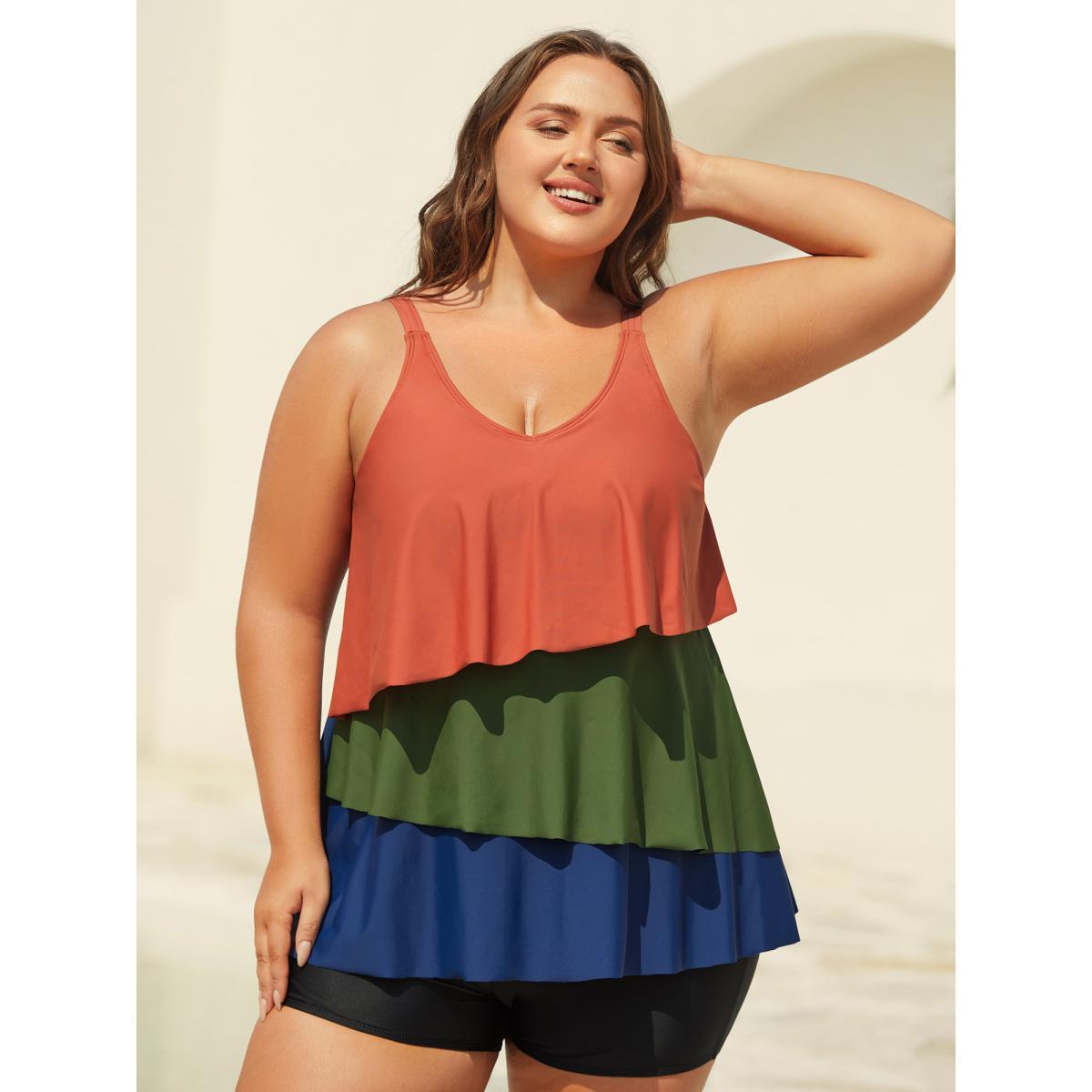 Plus Size Color Block Asymmetrical Hem Swim Top Women's Swimwear Multicolor Beach Contrast High stretch Bodycon V-neck Curve Swim Tops BloomChic 26/4X Product Image