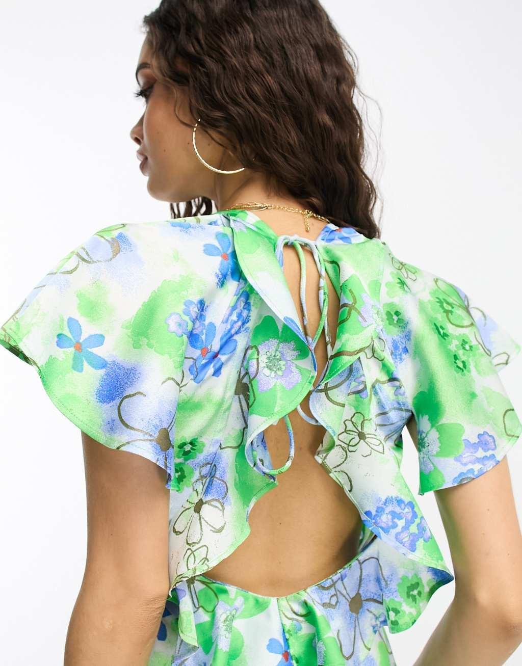 ASOS DESIGN Petite frill detail wrap maxi satin dress in white floral print Product Image