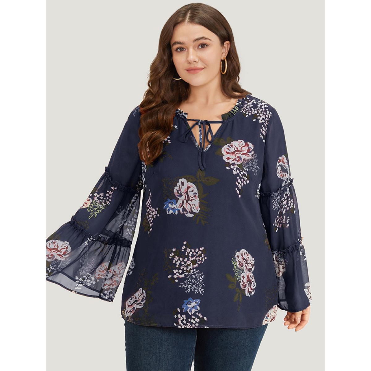 Plus Size Indigo Floral Print Knot Neck Frill Trim Mesh Bell Sleeve Blouse Women Vacation Long Sleeve Tie Neck Dailywear Blouses BloomChic 18-20/2X Product Image