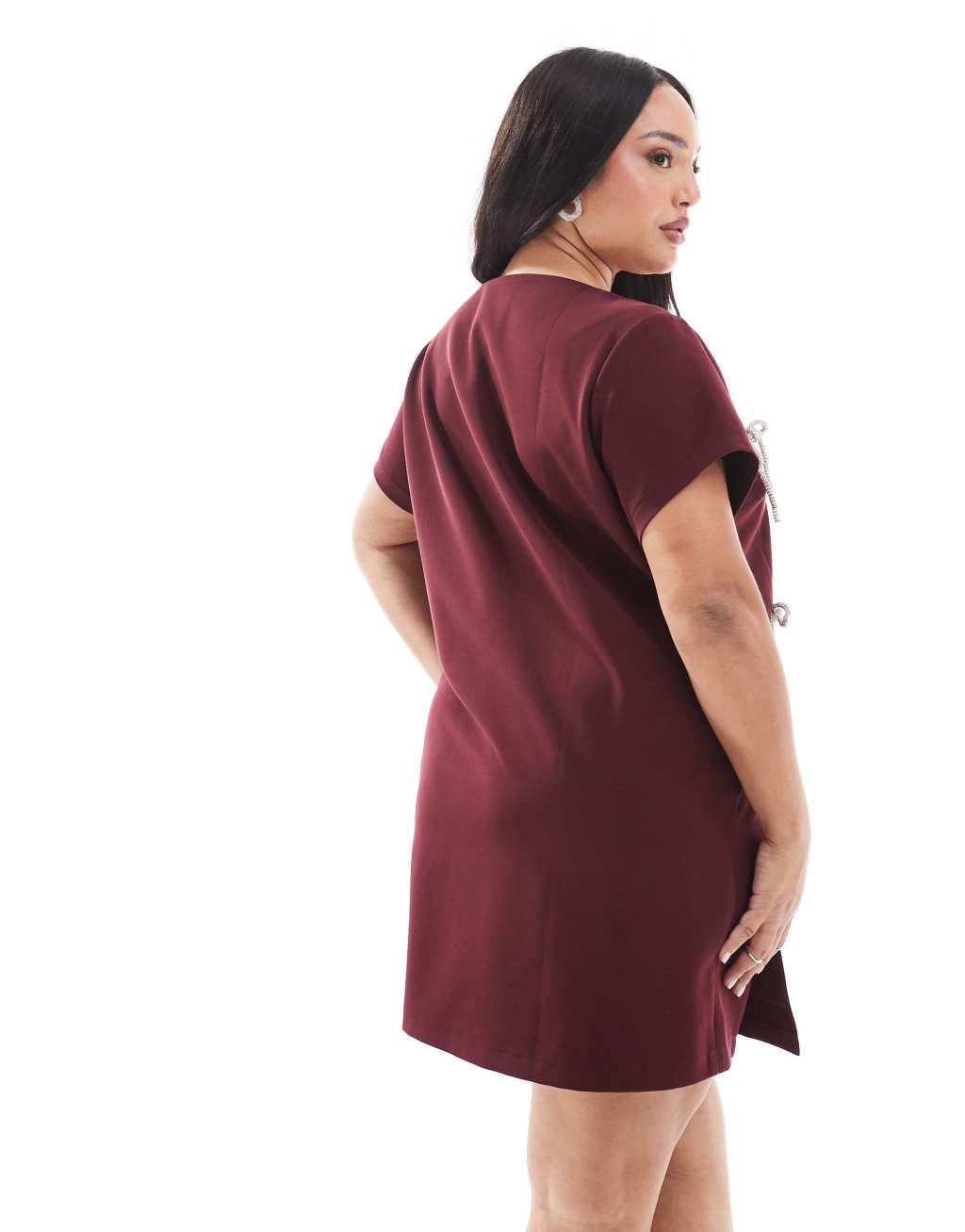 Renee Studio x Michelle Nayla exclusive embellished bow detail side split mini dress in burgundy Product Image