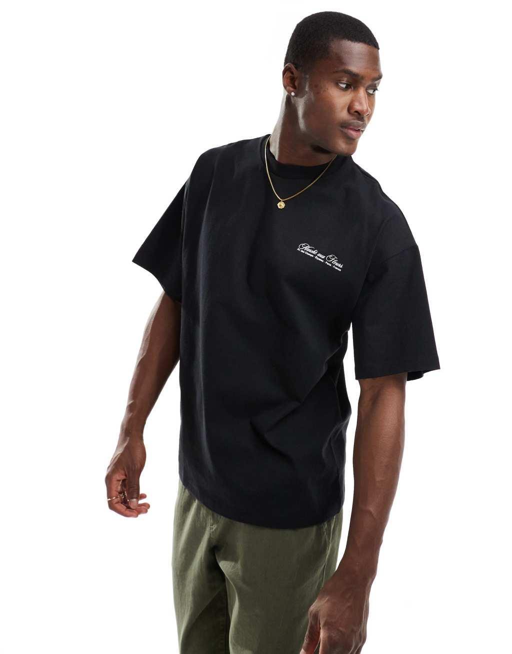 Selected Homme oversized heavy weight t-shirt with floral backprint in black Product Image