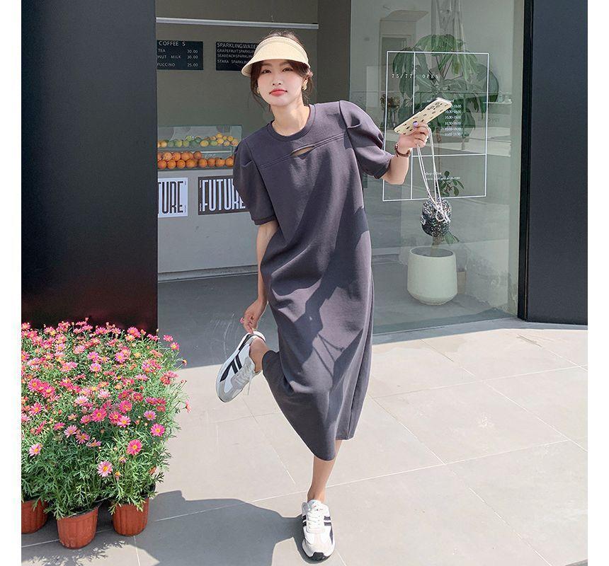 Puff-Sleeve Crew Neck Plain Cutout Midi T-Shirt Dress Product Image