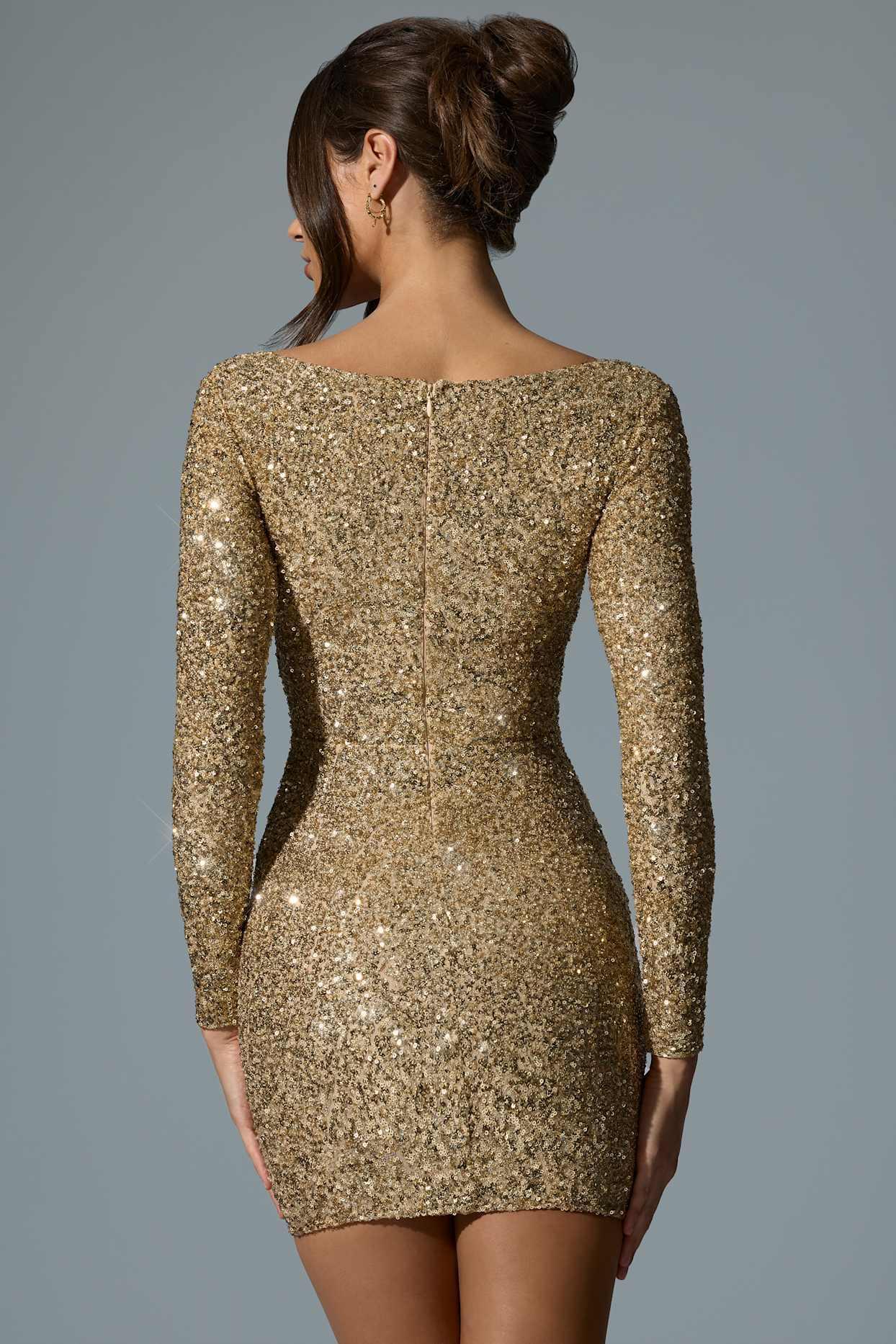 Embellished Sweetheart-Neck Mini Dress in Gold Product Image