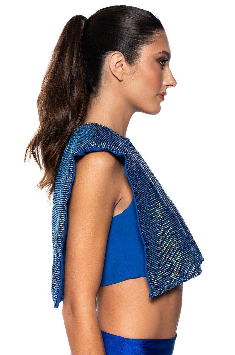 DISCO BABE SLEEVELESS RHINESTONE CROP TOP IN BLUE Product Image