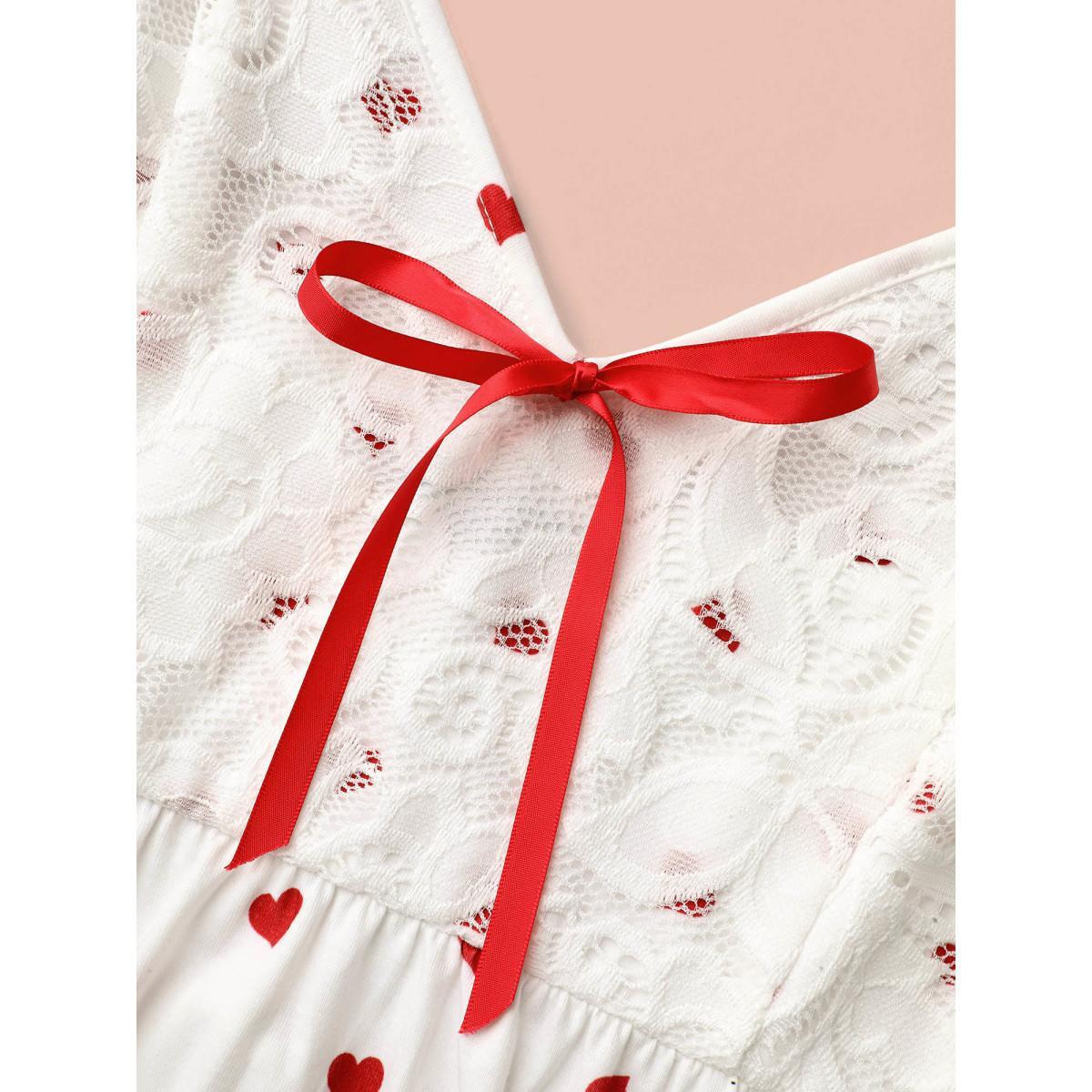 Plus Size Bow Lace Heart Print Lounge Dress Women Originalwhite Lounge Woven ribbon&lace trim V-neck Loungewear BloomChic 30/6X Product Image