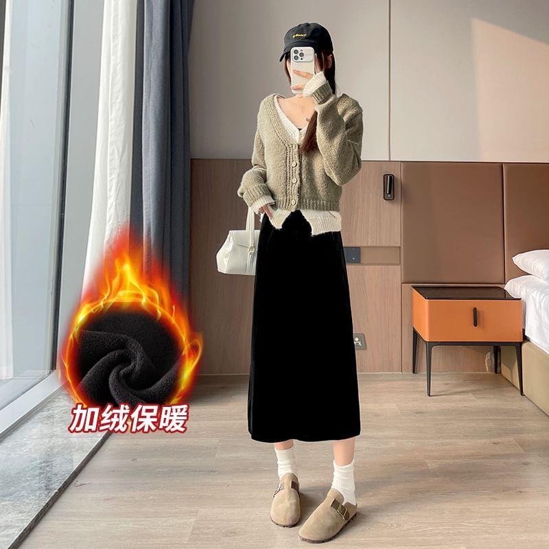 High-Waist Fleece Plain Midi Skirt Product Image