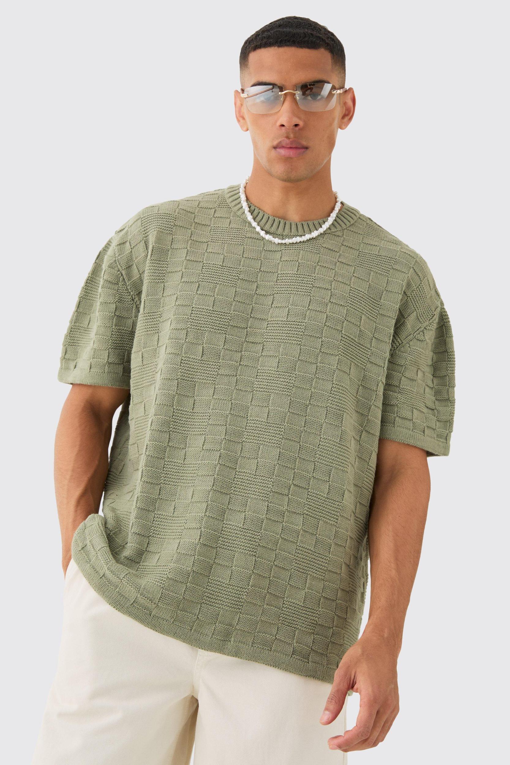 Oversized Textured Knit T-shirt In Khaki | boohooMAN USA Product Image