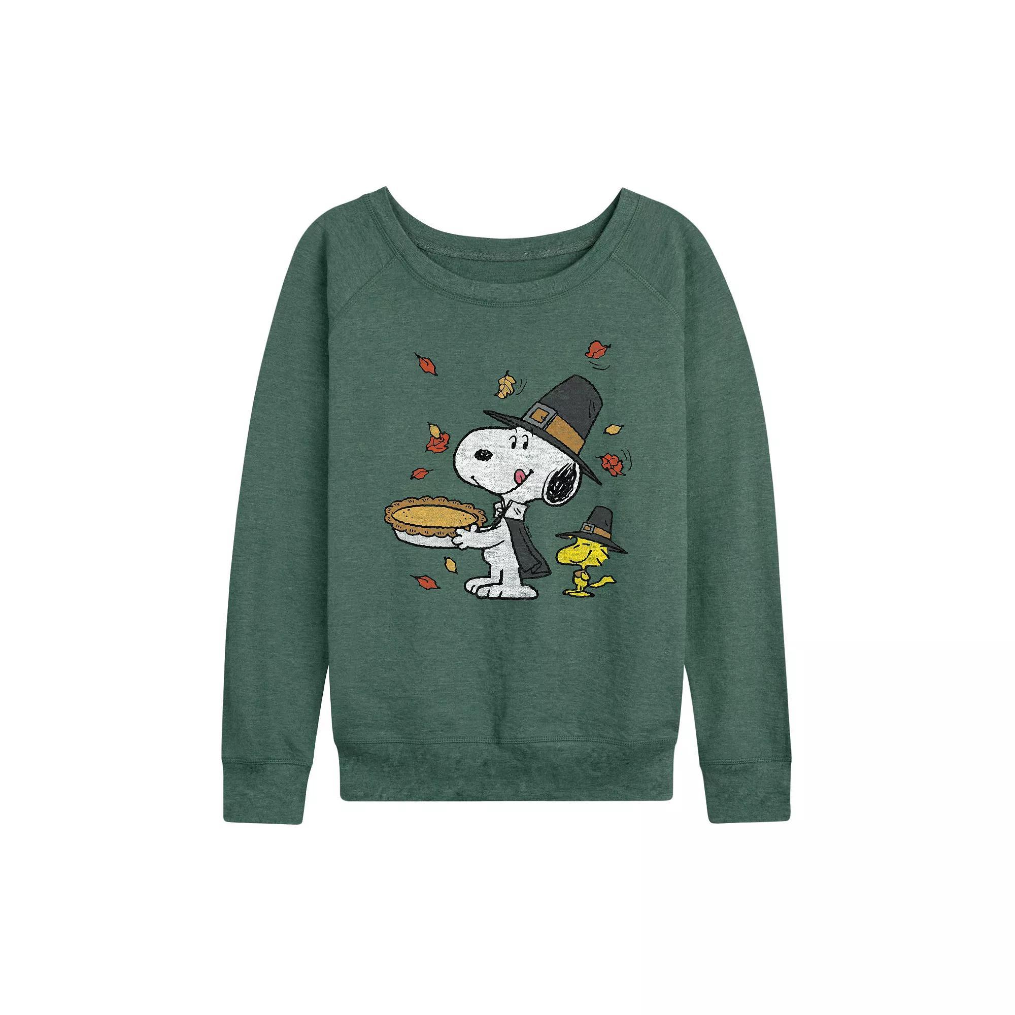 Plus Size Peanuts Snoopy & Woodstock Thanksgiving French Terry Long Sleeve Tee, Womens Grey Green Product Image