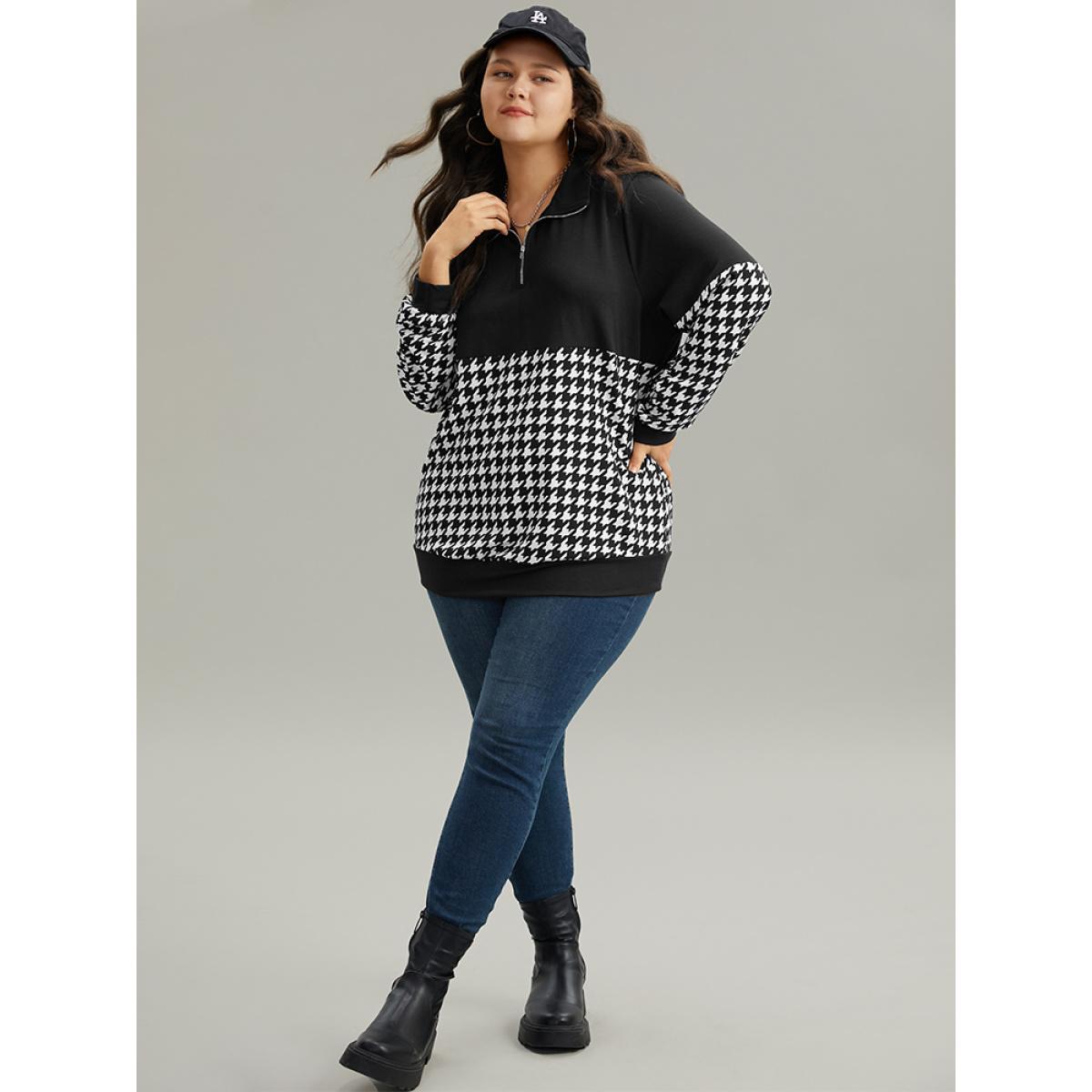 Plus Size Houndstooth Patchwork Half Zip Sweatshirt Women Black Casual Elastic cuffs Polo Dailywear Sweatshirts BloomChic 18-20/2X Product Image
