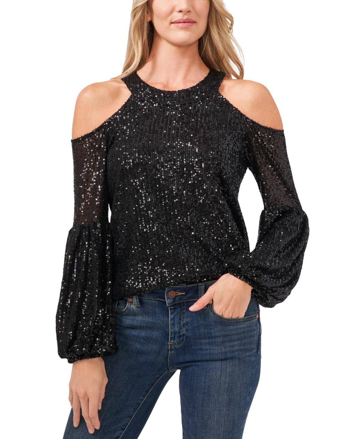 CeCe Womens Sequined Long Sleeve Cold-Shoulder Blouse Product Image