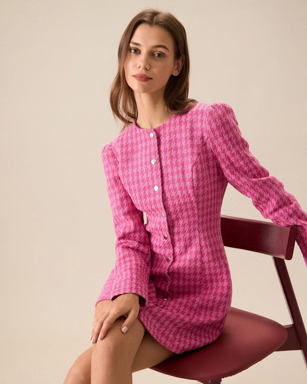 Women's Pink Single-breasted Tweed Mini Dress Female Product Image